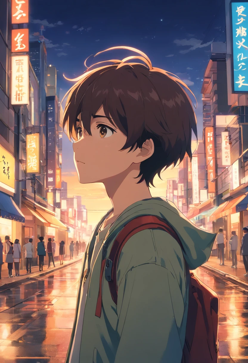 obra-prima, melhor qualidade, movie, boy, Boy as main protagonist, Looking distracted, close-up, At night, with the city lights vibrating, cold ilumination, sun sunset, Camera away from the character, shows the entire city and how the protagonist is alone. (Sparks: 0,7)