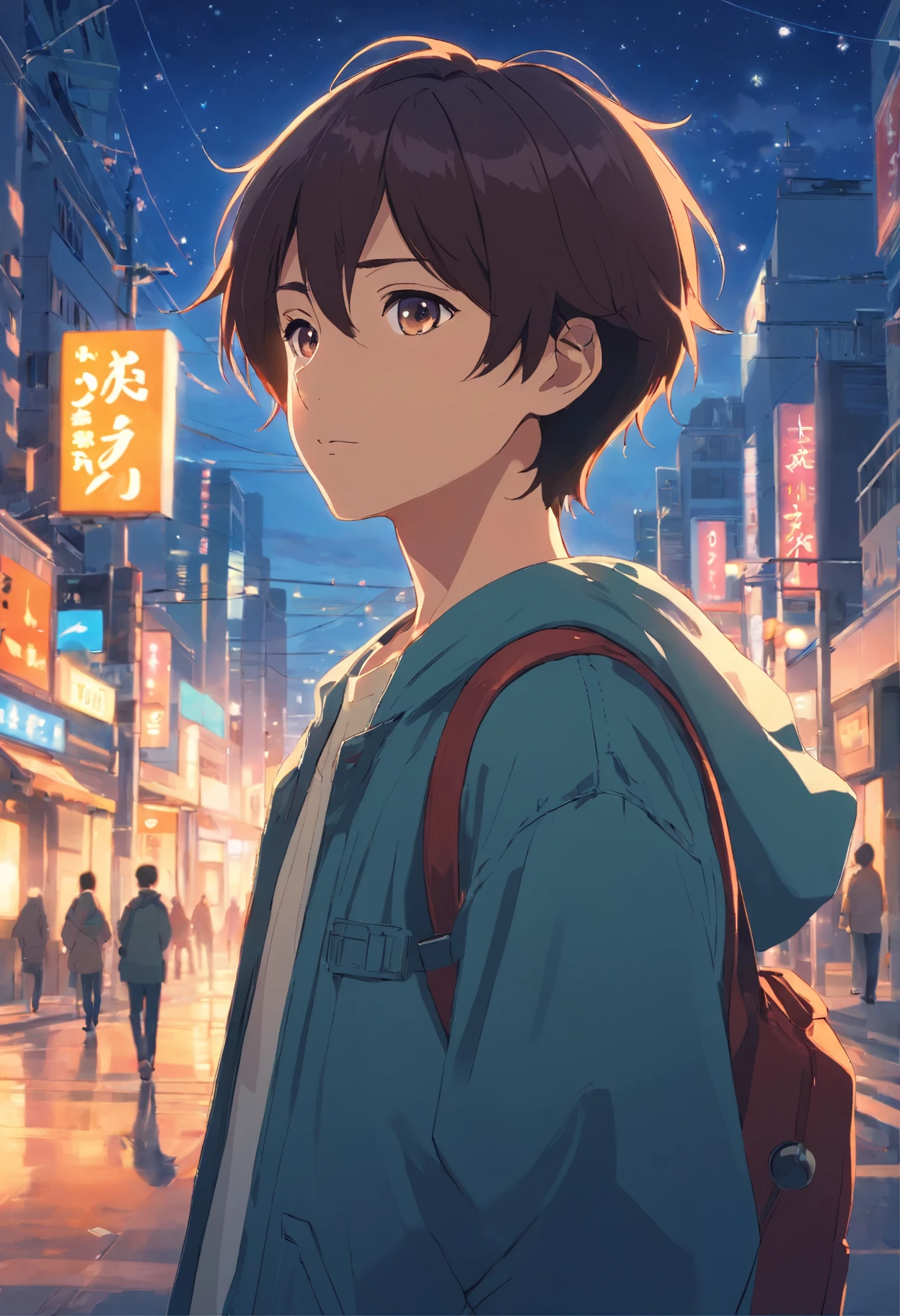 obra-prima, melhor qualidade, movie, boy, Boy as main protagonist, Looking distracted, close-up, At night, with the city lights vibrating, cold ilumination, sun sunset, Camera away from the character, shows the entire city and how the protagonist is alone. (Sparks: 0,7)