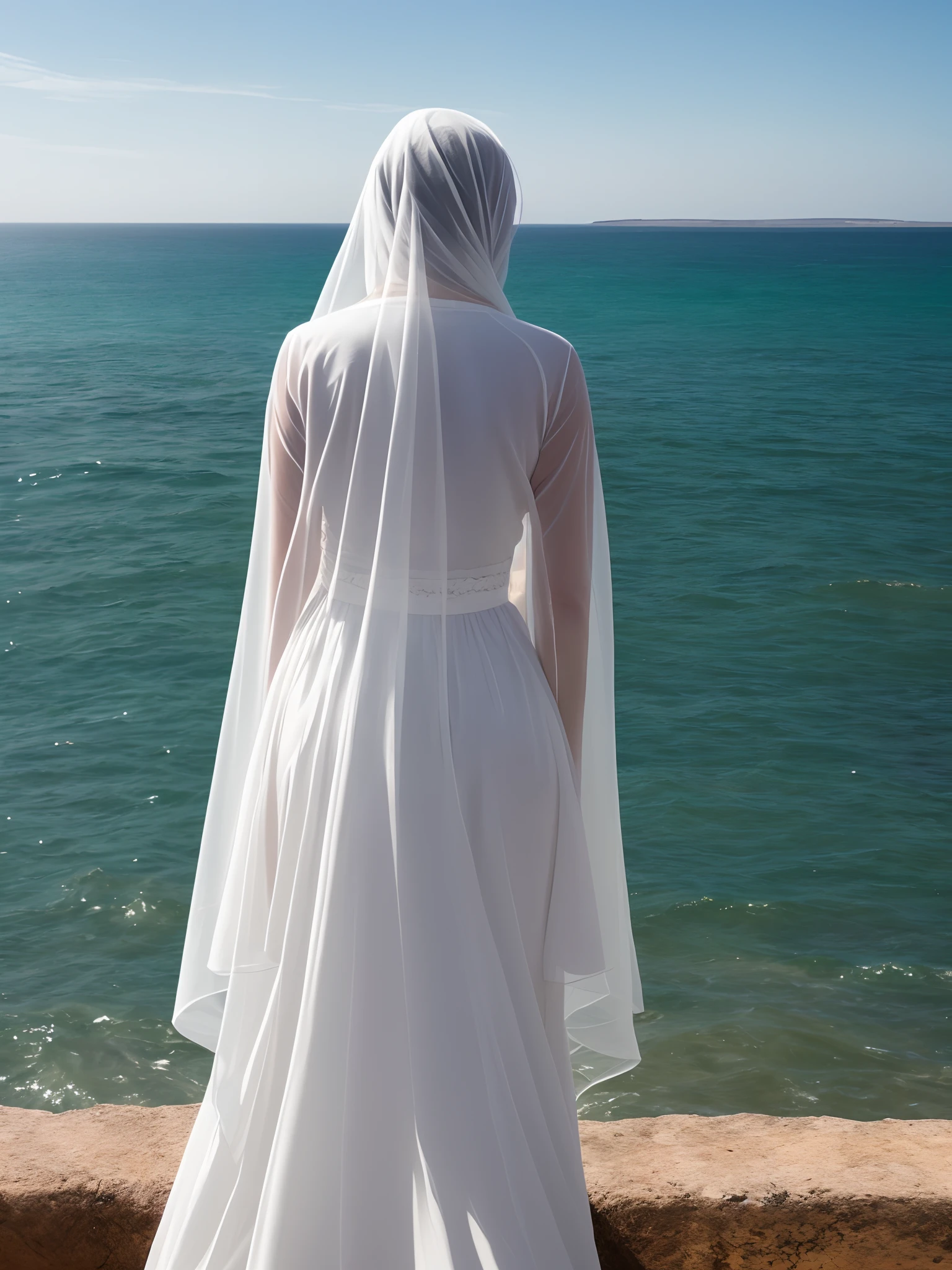 Veiled woman looking at the sea. We see her from the back