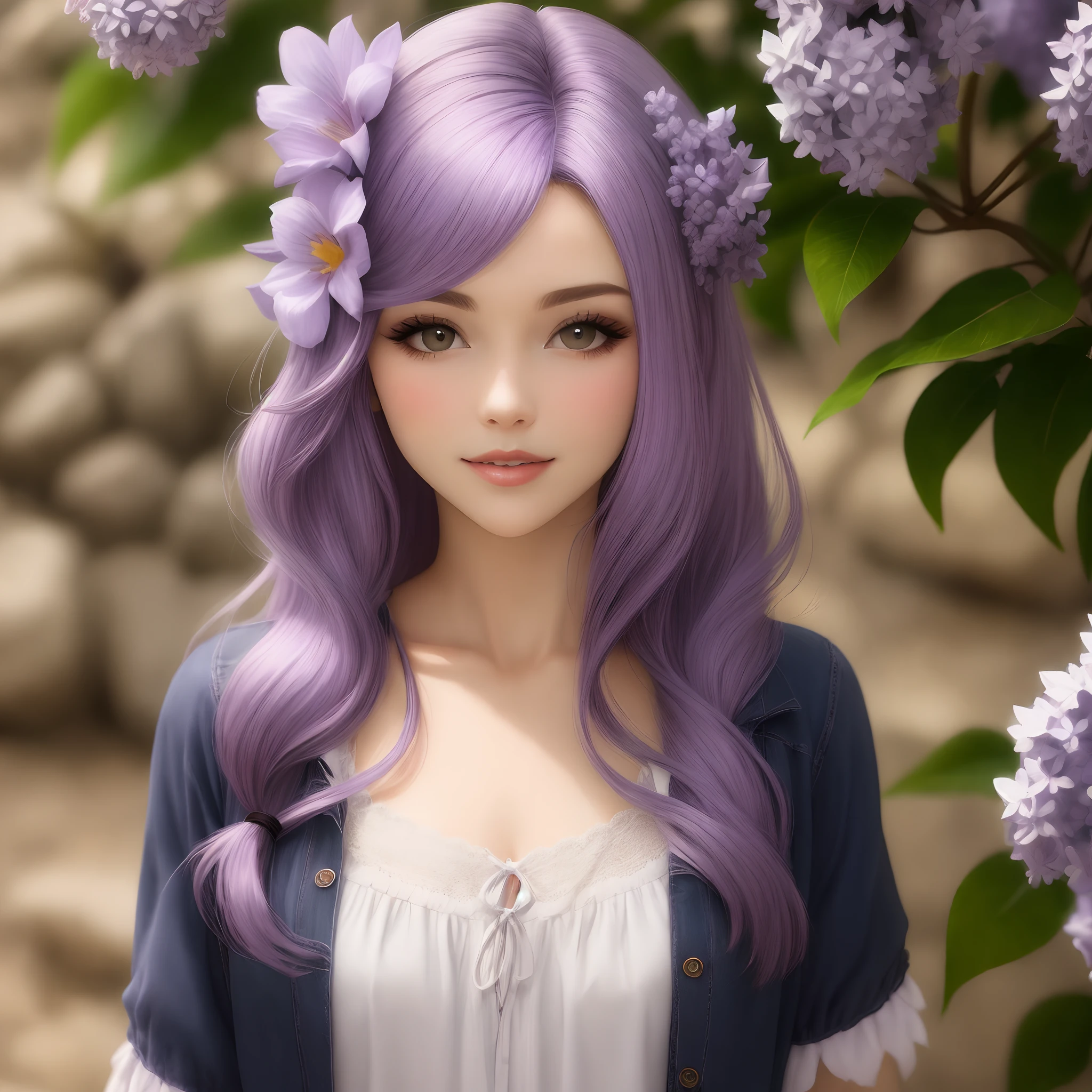 Cabelo curto, lilac clothing, flores, cabelo preto