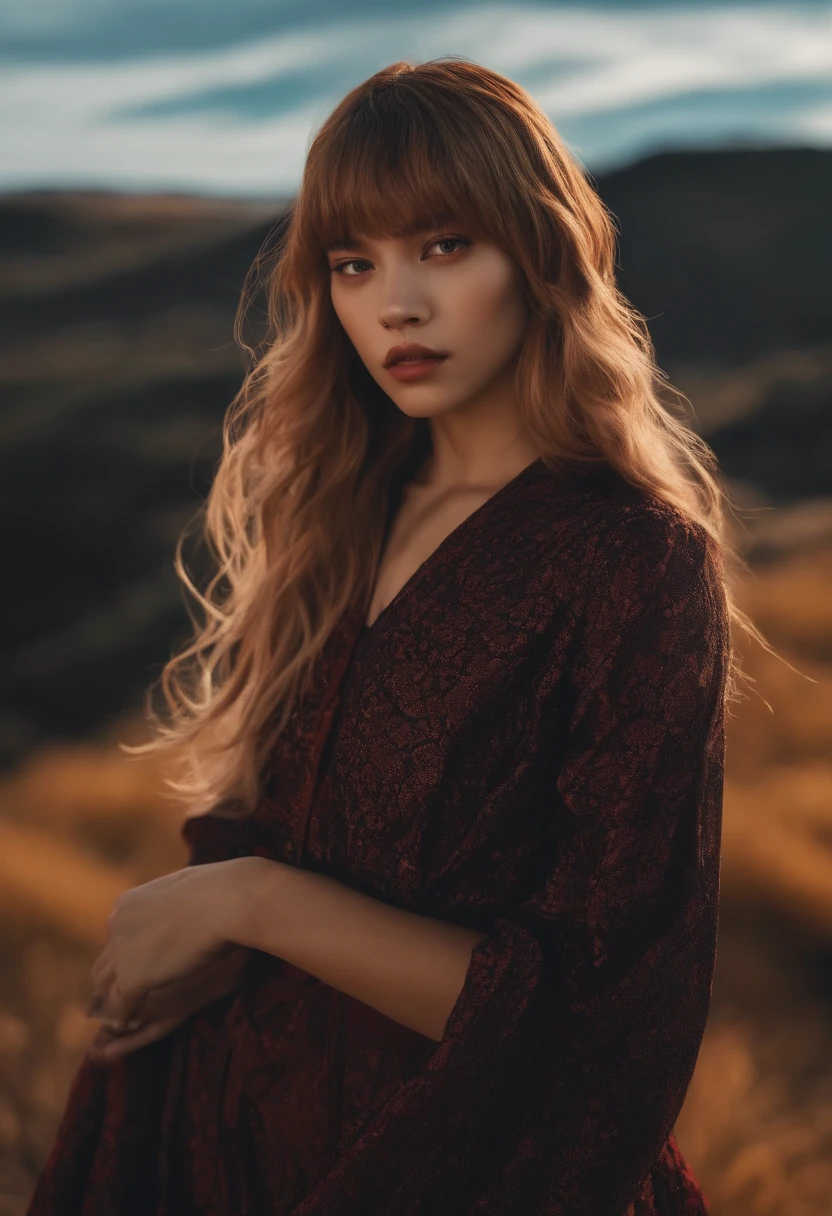 Desenhe Lalisa se transformando em uma loba, With her hair swaying in the wind and her eyes fixed on a distant horizon