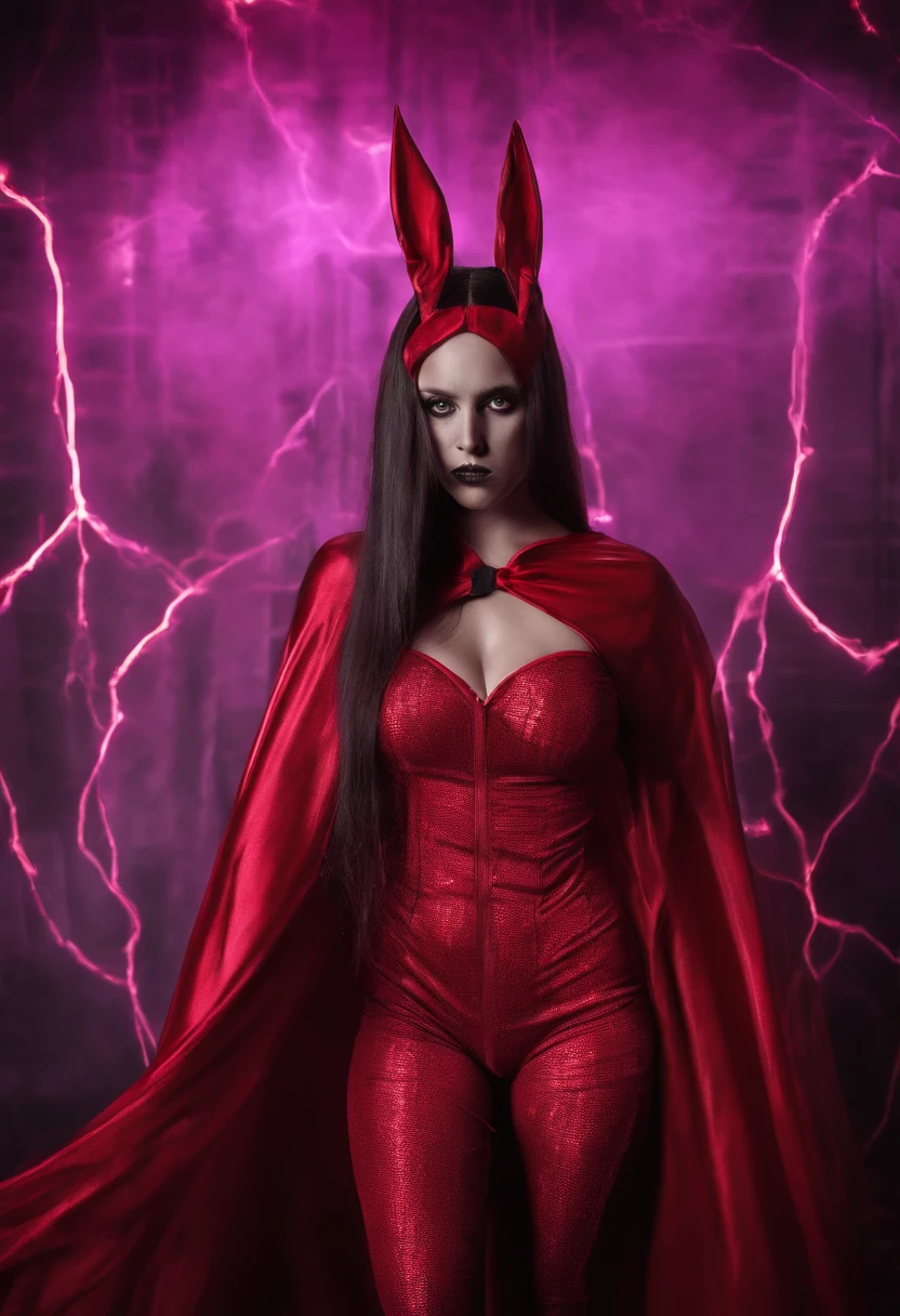 front view, brunette 18 yo exotic girl with dark eyeliner and eyeshadow, wearing (red high cut playboy bunny micro-bodysuit with hot pink pantyhose), deep cameltoe, red stiletto gogo boots, red gloves, long pvc red shrug cape, long dark hair and cape blowing wildly, both arms hands pointing directly at the camera, cosmic jack kirby kirby-crackle effect background, scarlet witch cosplay