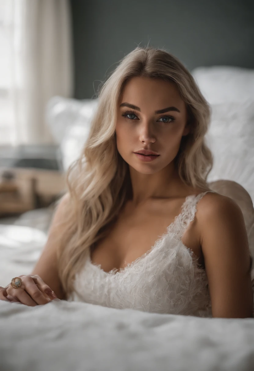arafed woman fully , sexy girl with blue eyes, ultra realistic, meticulously detailed, portrait sophie mudd, blonde hair and large eyes, selfie of a young woman, bedroom eyes, violet myers, without makeup, natural makeup, looking directly at the camera, face with artgram, subtle makeup, stunning full body shot kneeling on bed, in bedroom, medium to large size bust, no top , laying back on the bed, legs open,