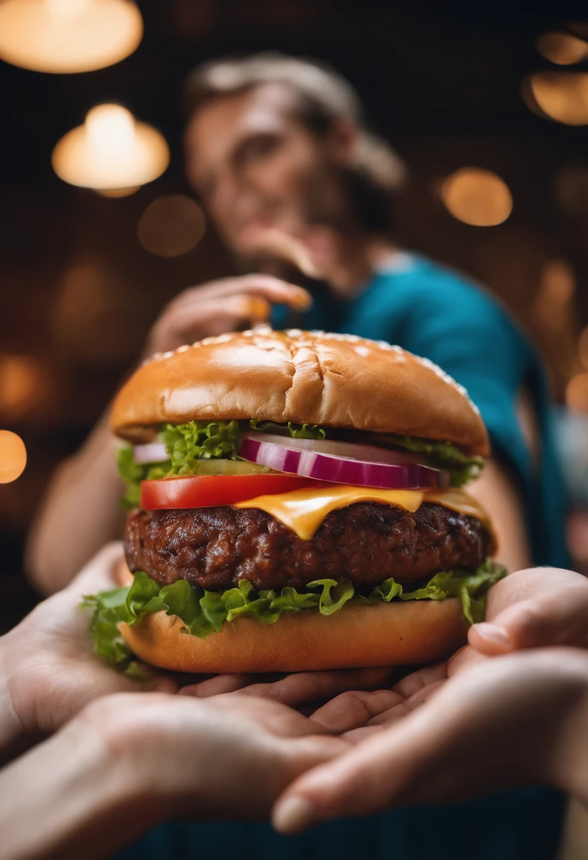 Holding a hamburger with both hands