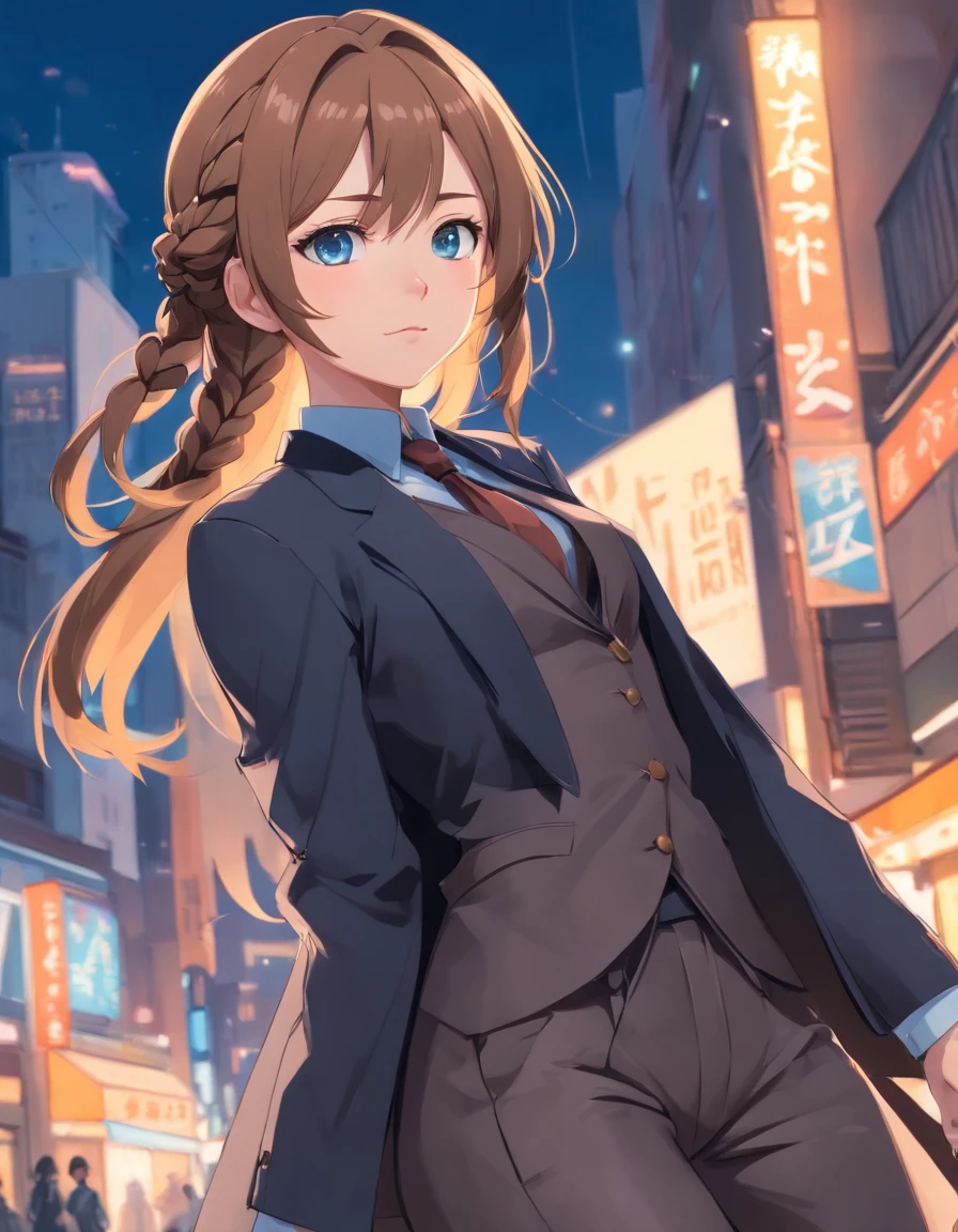 17 year old girl with light brown hair, one brown and one blue eye, pale skin wearing a black widow inspired suit with high boots. Her hair is ver long and in braids and she is posing for a photo.