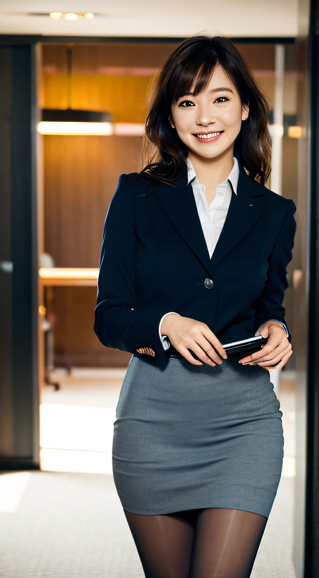 (best quality:1.3, masterpiece, ultra high res), (photorealistic:1.4), RAW photo, 16k, 1 woman-actress, japanese,  messy hair , business skirt suit, simple black suit, simple black pencil skirt, black pumps, bangs, (((standing, skirt lift, panty peek))), secretary, business suit, skirt suit, pencil Skirt, panties under pantyhose, thong , smiling, using computer, in office,  from below  upskirt , finger to cheek , cinematic lighting,