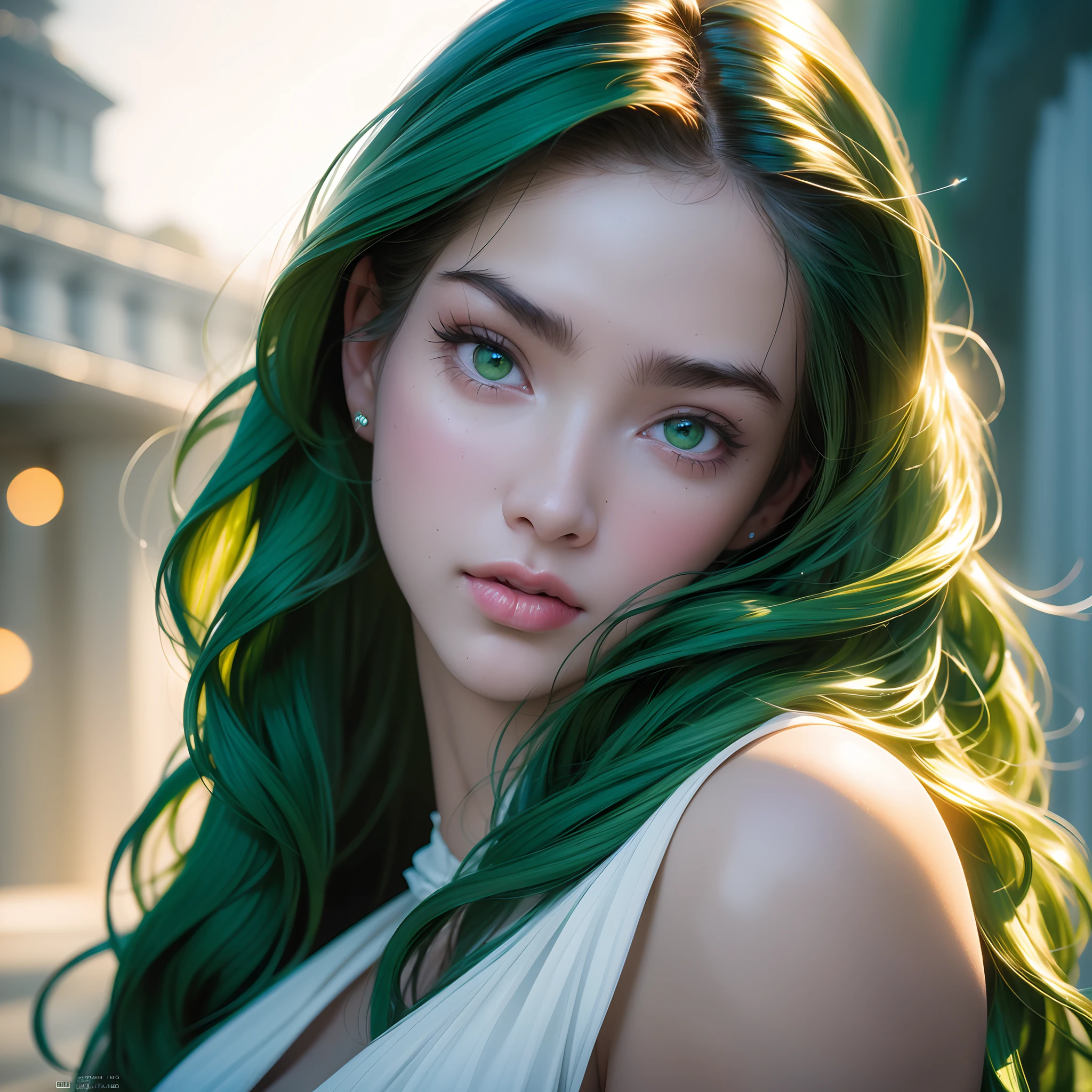 Photo of 47 years old European woman, RAW, beautiful woman, (green hair with extra long wavy), ((portrait)), (Detailed face: 1.2)), (Detailed facial features)), (green eyes) (Fine skin), pale skin, high detail and deep, wearing Emerald color witch dress, slim body, megacity environment, (cold color), wet, moist, reflection, (masterpiece) ( Perfect proportions) (realistic photos) (highest quality) (detail) shot with Canon EOS R5, 50mm lens, f/2.8, HDR, (8k) (wallpaper) (movie lighting) (dramatic lighting) (sharp focus) (complex) fashion