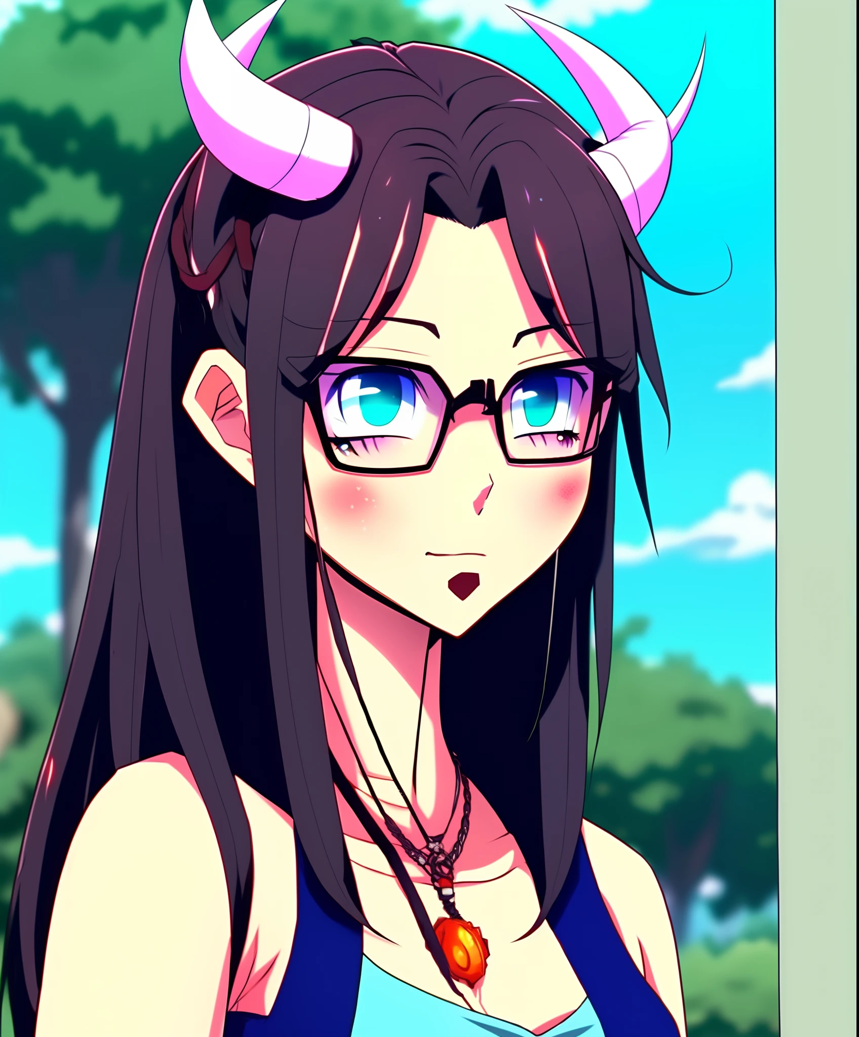 Personagem de anime, Long black haired girl with red horns in black clothes with black glasses and white face