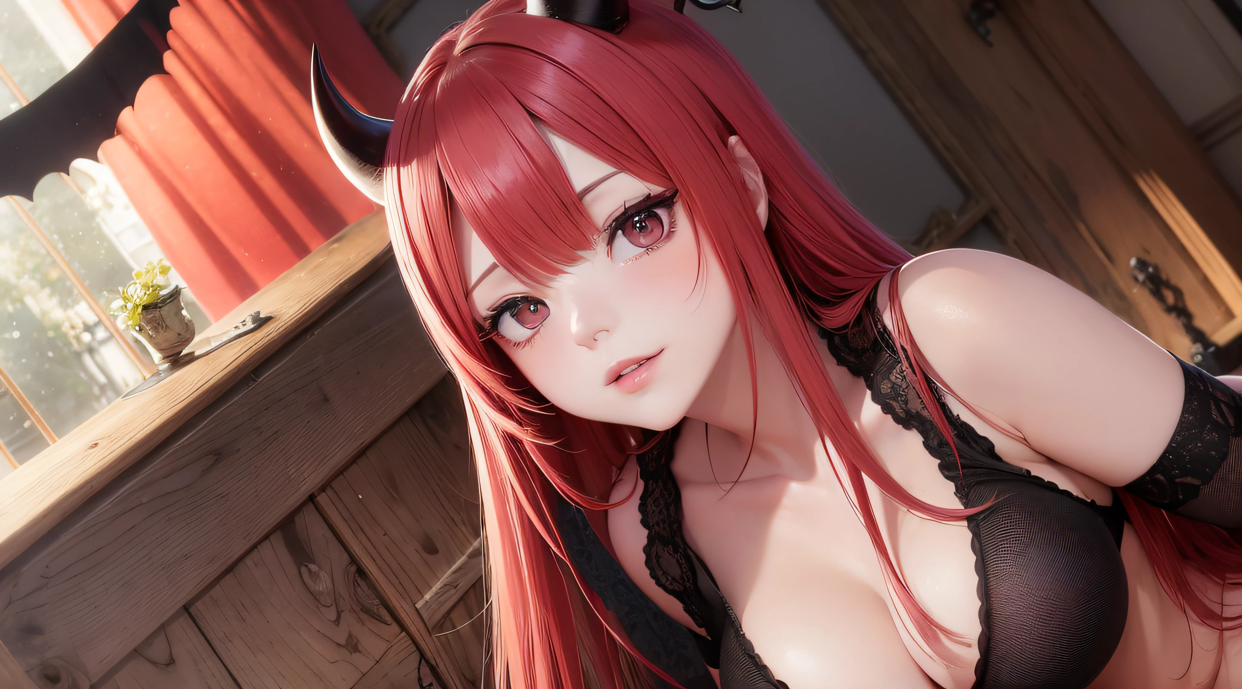 (obra prima) (perfection) (ULTRARREALISTA) (sem defeitos) Red-haired anime girl with horns on her head, 30 anos de idade, seios grandes, sexy, hentai, provocativa, Atmosfera de Halloween, Aboboras, triste, sangue, sangrar, castelo, noite, pouca luz, morcegos, ULTRARREALISTA