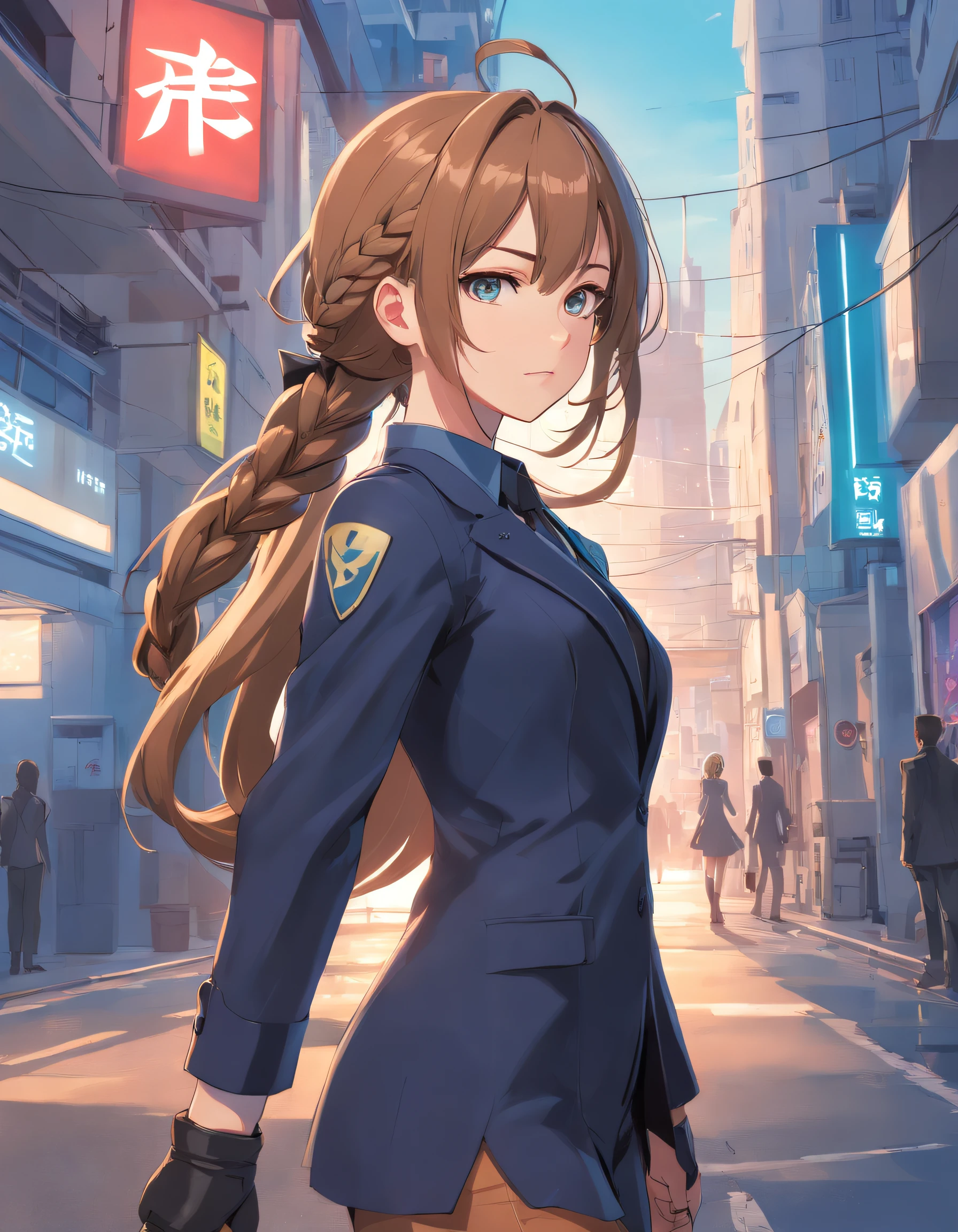 17 year old girl with light brown hair, one brown and one blue eye, pale skin wearing a black widow inspired suit with high boots. Her hair is ver long and in braids and she is posing for a photo.