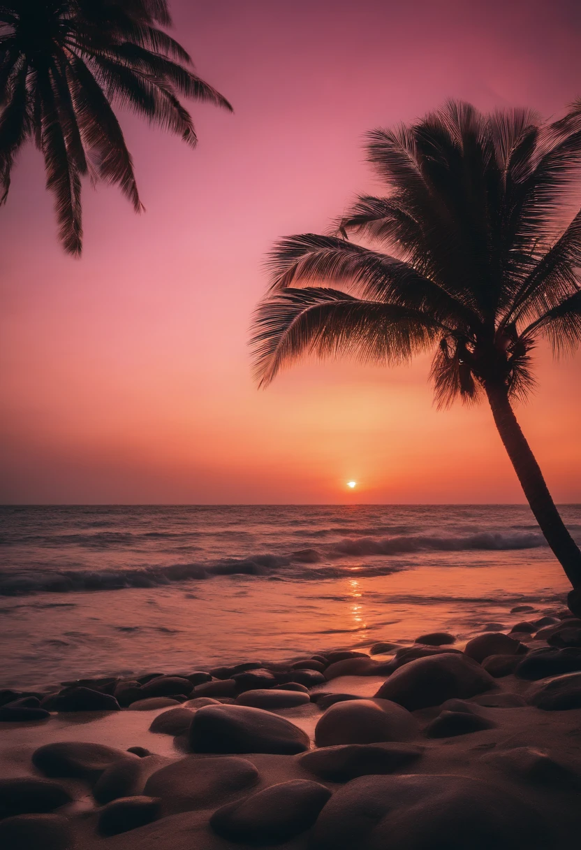 View of the beach with rocks and palm trees at sunset, Magical Beach, Colorful glow, beautiful sunset glow, colorful sunset, Glowwave, grand background, glowing colors, breathtaking colors, Make the waters shine, which shows a beach at sunset, Bright glitter color, sunset glow, Clear neon water, Incredible colors, beatiful backgrounds