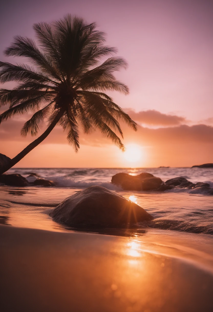 View of the beach with rocks and palm trees at sunset, Magical Beach, Colorful glow, beautiful sunset glow, colorful sunset, Glowwave, grand background, glowing colors, breathtaking colors, Make the waters shine, which shows a beach at sunset, Bright glitter color, sunset glow, Clear neon water, Incredible colors, beatiful backgrounds