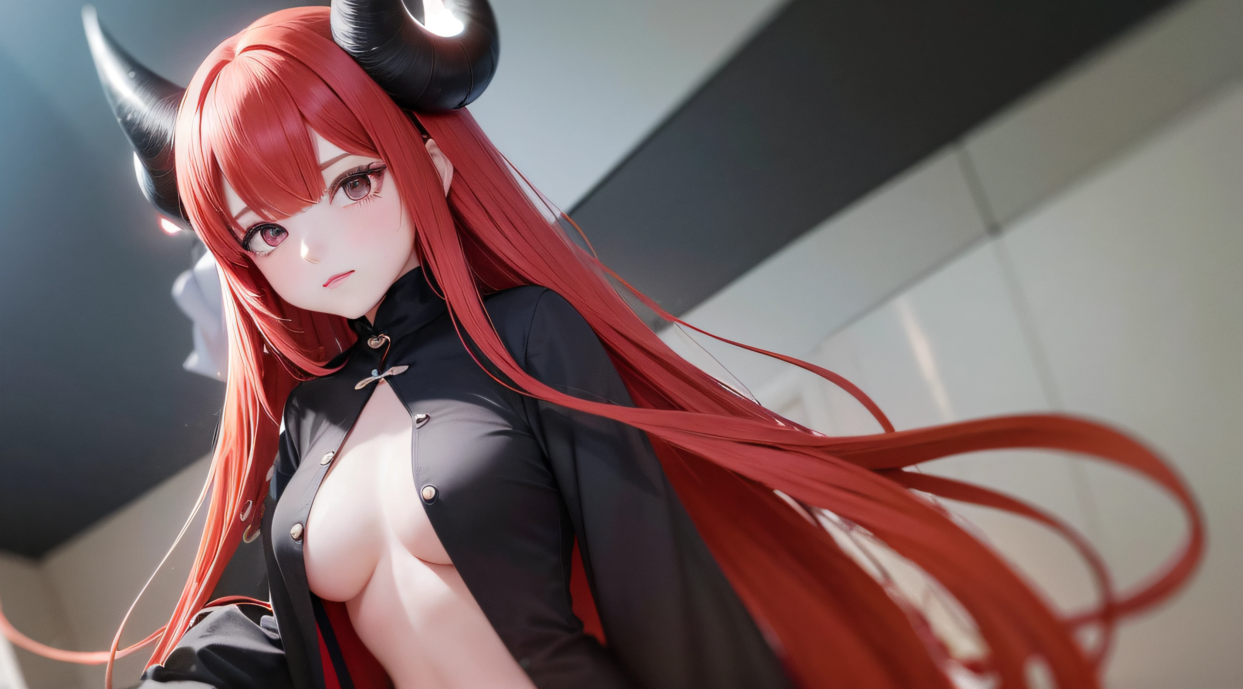 (obra prima) (perfection) (ULTRARREALISTA) (sem defeitos) Red-haired anime girl with horns on her head, 30 anos de idade, seios grandes, sexy, hentai, provocativa, Atmosfera de Halloween, Aboboras, triste, sangue, sangrar, castelo, noite, pouca luz, morcegos, ULTRARREALISTA