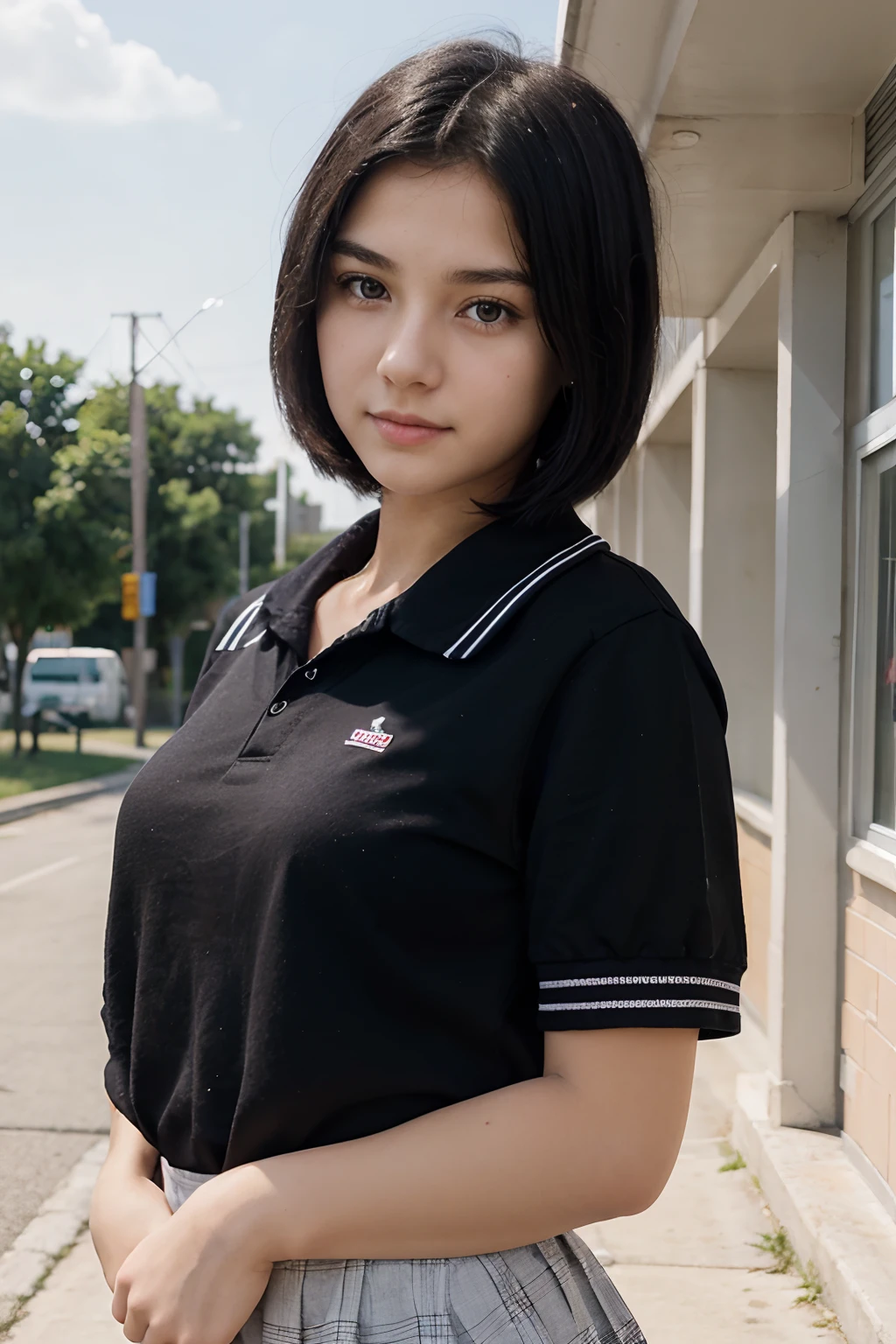 17 year old girl, pretty, black hair, short hair, fair skin, school uniform.