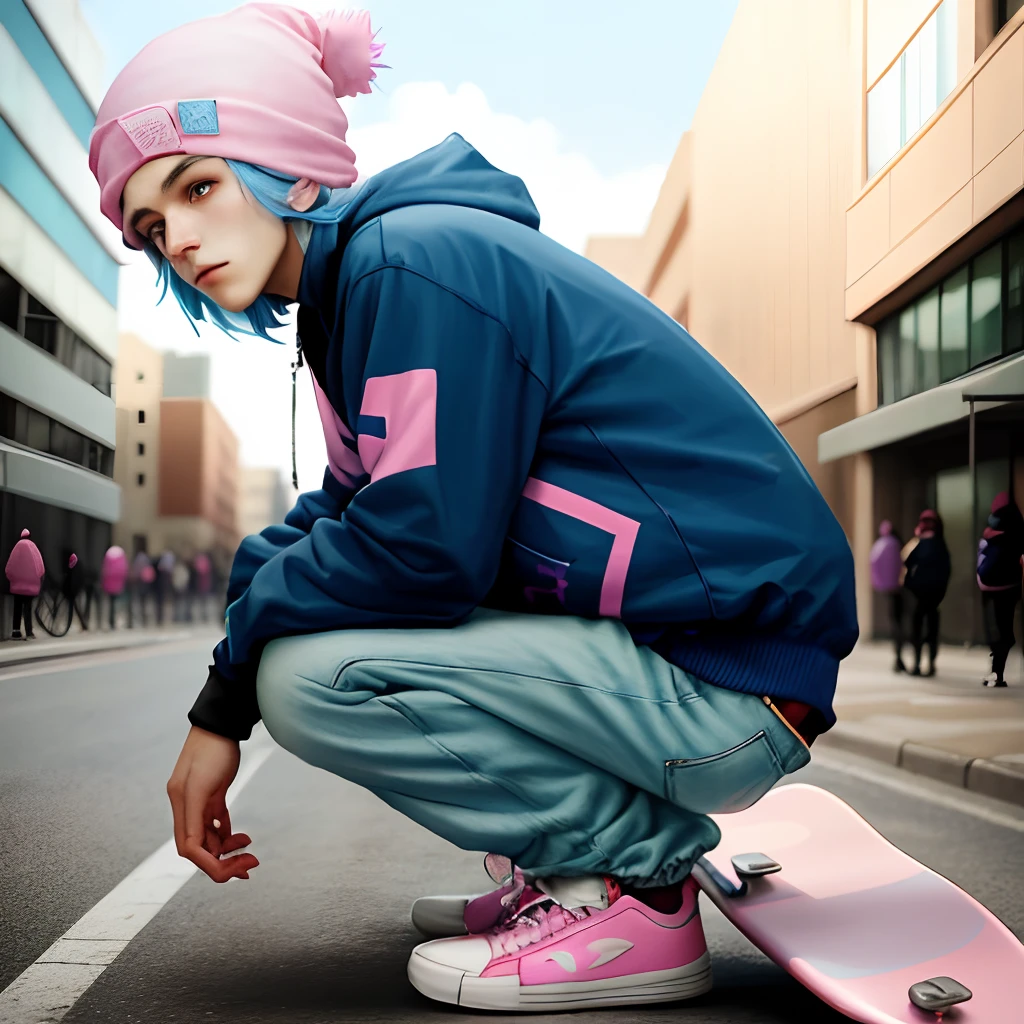 Pink, blue, beanie, skateboard, anime, boy, blue hair