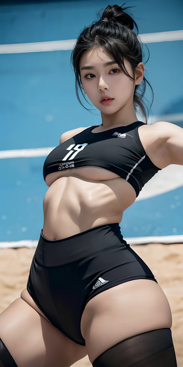 realisticlying、18-year-old female volleyball player、Waves of short black hair、Super Fit Volleyball Wear、Wearing volleyball shorts、A sexy、Sexy poses on volleyball court, ((very small boobs)), (((ultra thick thighs))), realistic, ((underboob)), ((tights)), sexy korean girl, kpop artist, perfect skin, detiled face, from below, beautiful face