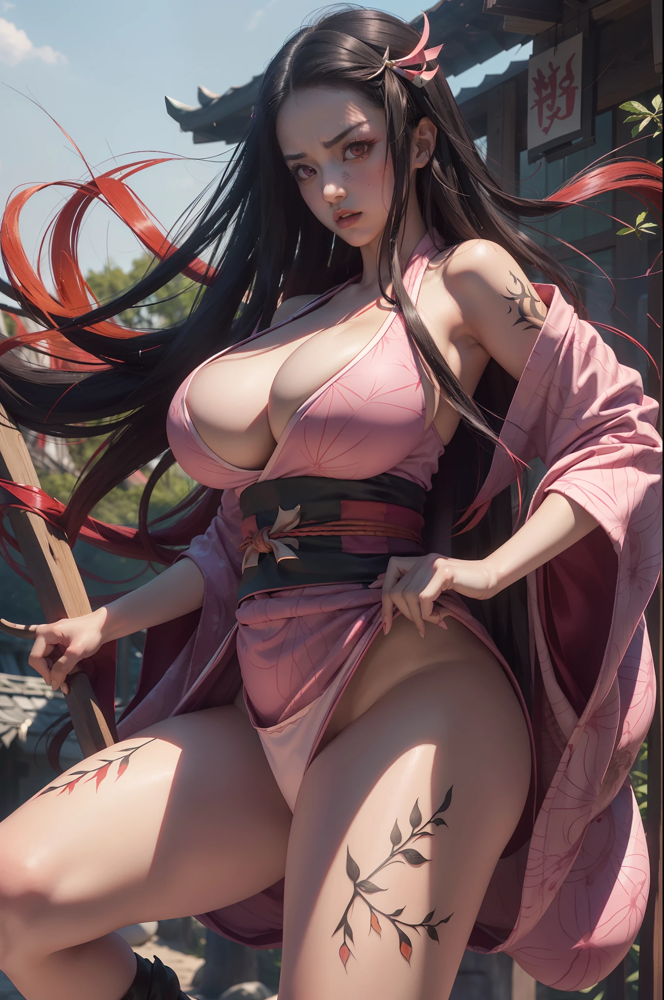 (ultra realistic photo of Nezuko kamado goddess of beauty, bright pink eyes, angry angry expression, 8k, UHD, hottie with ultra giant breasts, huge long breasts sticking out of the kimono, with long black hair and orange tips, sexy Japanese kimono dark pink, she doesn't wear panties showing her tattooed , pubic hair showing), Nezuko with a piece of bamboo stuck up her ass, (Nezuko, Nezuko-chan, Demon Slayer art style, kimetsu no yaiba), Anime character female hentai, (Nezuko, in her demon form, huge breasts, giant long breasts sticking out of her clothes, her breasts sticking out of her kimono, showing beautiful pointy breasts), (the length of her ultra giant breasts goes up to her toned belly, she has leaf tattoos running down her erotic sexy body), Demon Slayer rui fanart, wielding kunai, Marin Kitagawa Fanart, clean and detailed anime art, a very beautiful berserker woman, by Kamagurka, professional art, perfect detail, (Nezuko kamado na her demonic form showing her giant, hairy , based on the Demon Slayer kimetsu no yaiba), nudes,