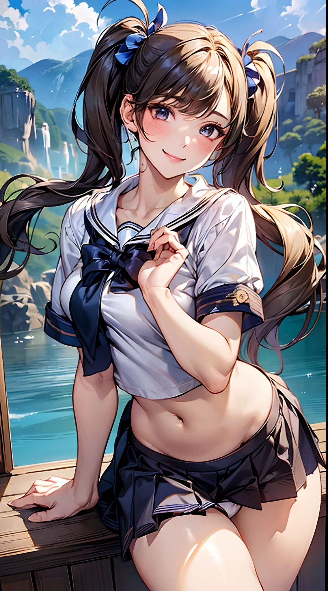 ((((, , perfect anatomy, super detailed skin)))), 1 girl, japanese, , shiny skin, large breasts:0.5, watching the view, (smile:1.5),
beautiful hair, beautiful face, beautiful detailed eyes, (long hair:1.4, twintails:1.7), blond hair, beautiful clavicle, beautiful body, beautiful chest, beautiful thigh, beautiful legs, beautiful detailed fingers, five fingers, babyface, , breast, mole under eye,
((navy school uniform, short sleeves, navy pleated skirt, sailor collar, extremely sexy, , white panties, thong, crotch, seductive thighs, camel toe)),
(beautiful scenery), evening, , (lake), standing,
(8k, top-quality, masterpiece:1.2, extremely detailed, , ), (photorealistic), beautiful illustration, cinematic lighting,