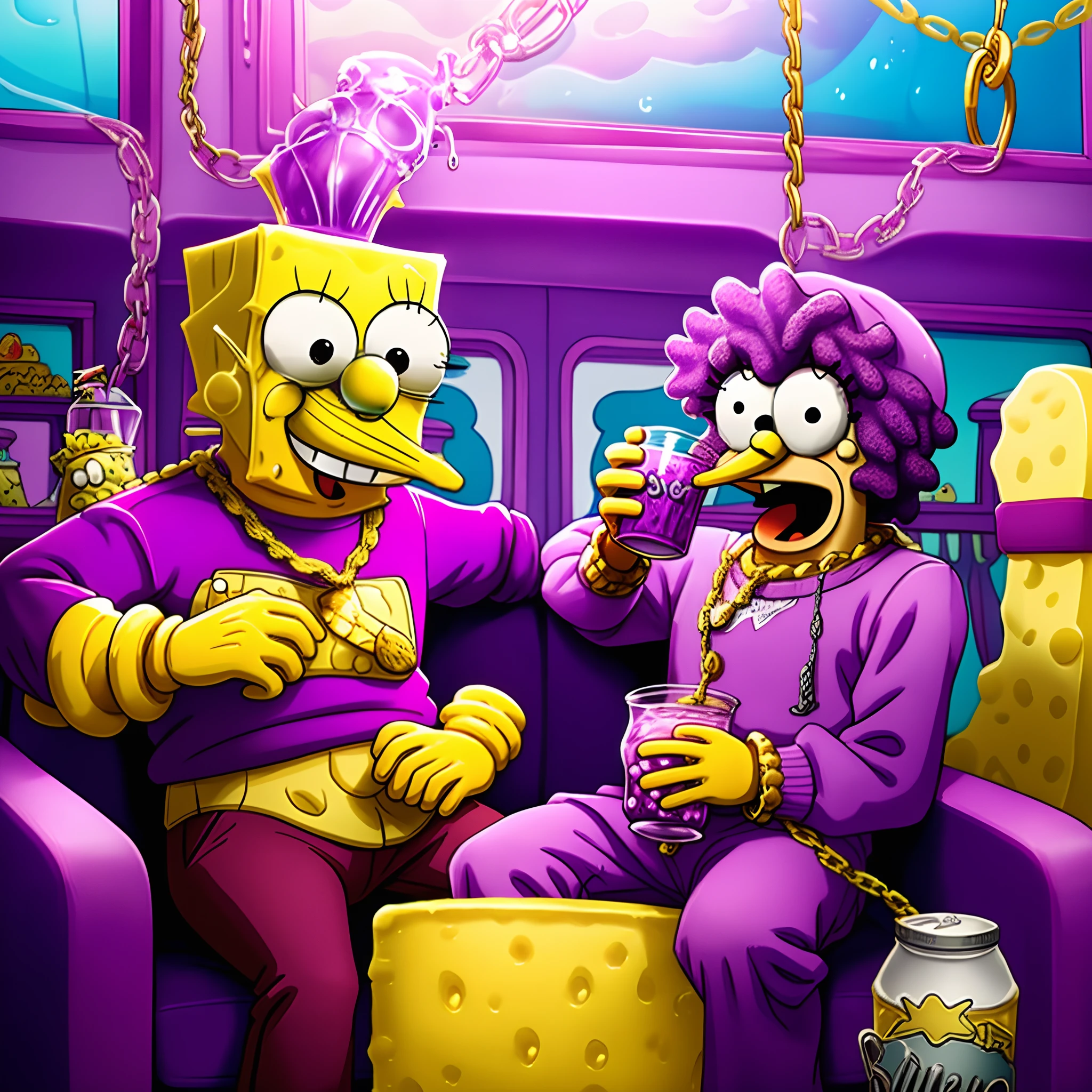 Spongebob sitting next to the krusty krab with patrick with gold chains on drinking purple soda dripping