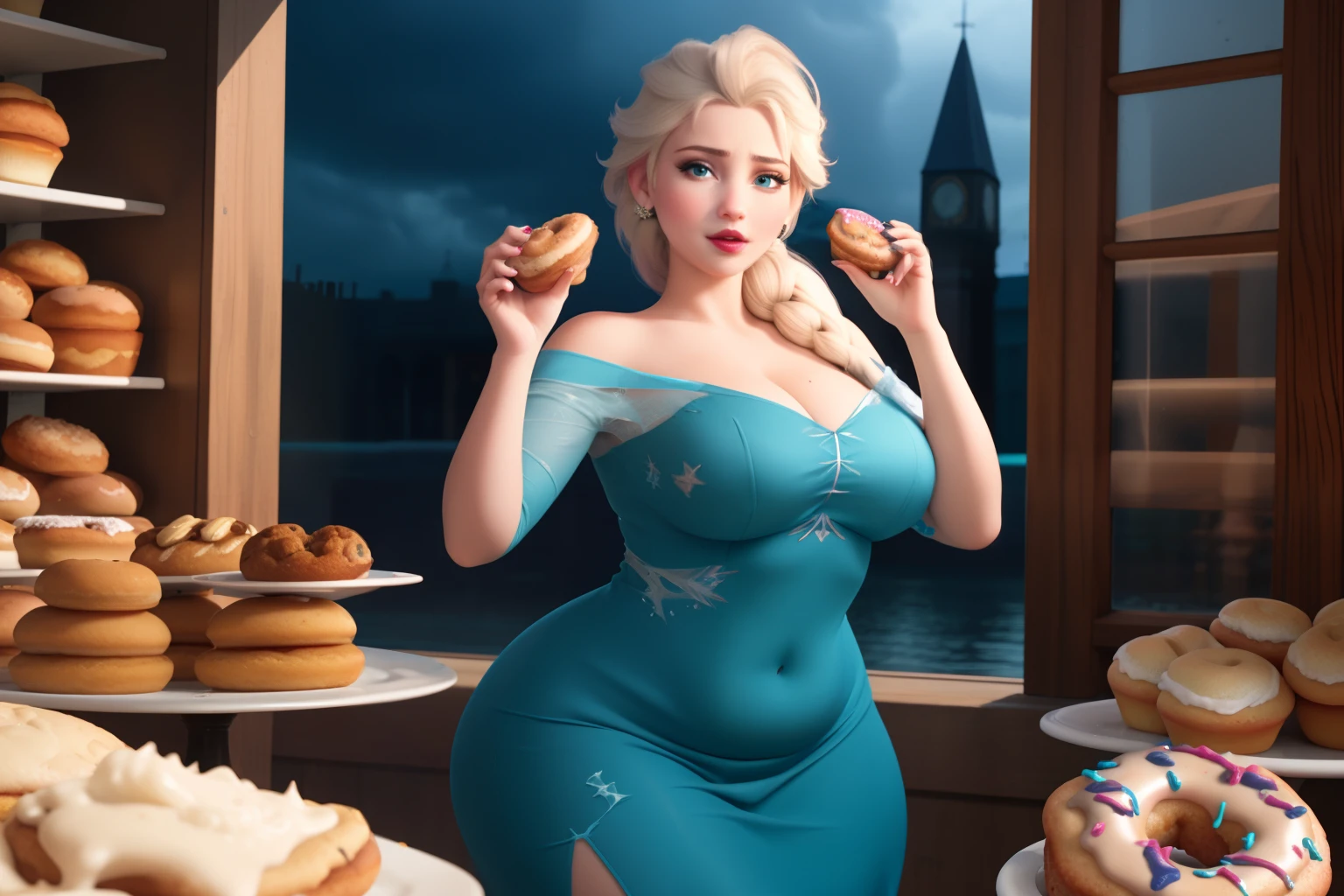 (masterpiece), (best quality), one girl, Elsa, perfect face, very beautiful face, ripped dress, torn dress, eating donuts, sexy, sexy pose, pleasure, cute face, thin face, very plump, fatty, young, small smile, cutie, very chubby, chubby belly, fat rolls, belly rolls, teal tight dress, navel, thunder thighs, fed up, love handles, standing, muffin top, blonde hair, single braid