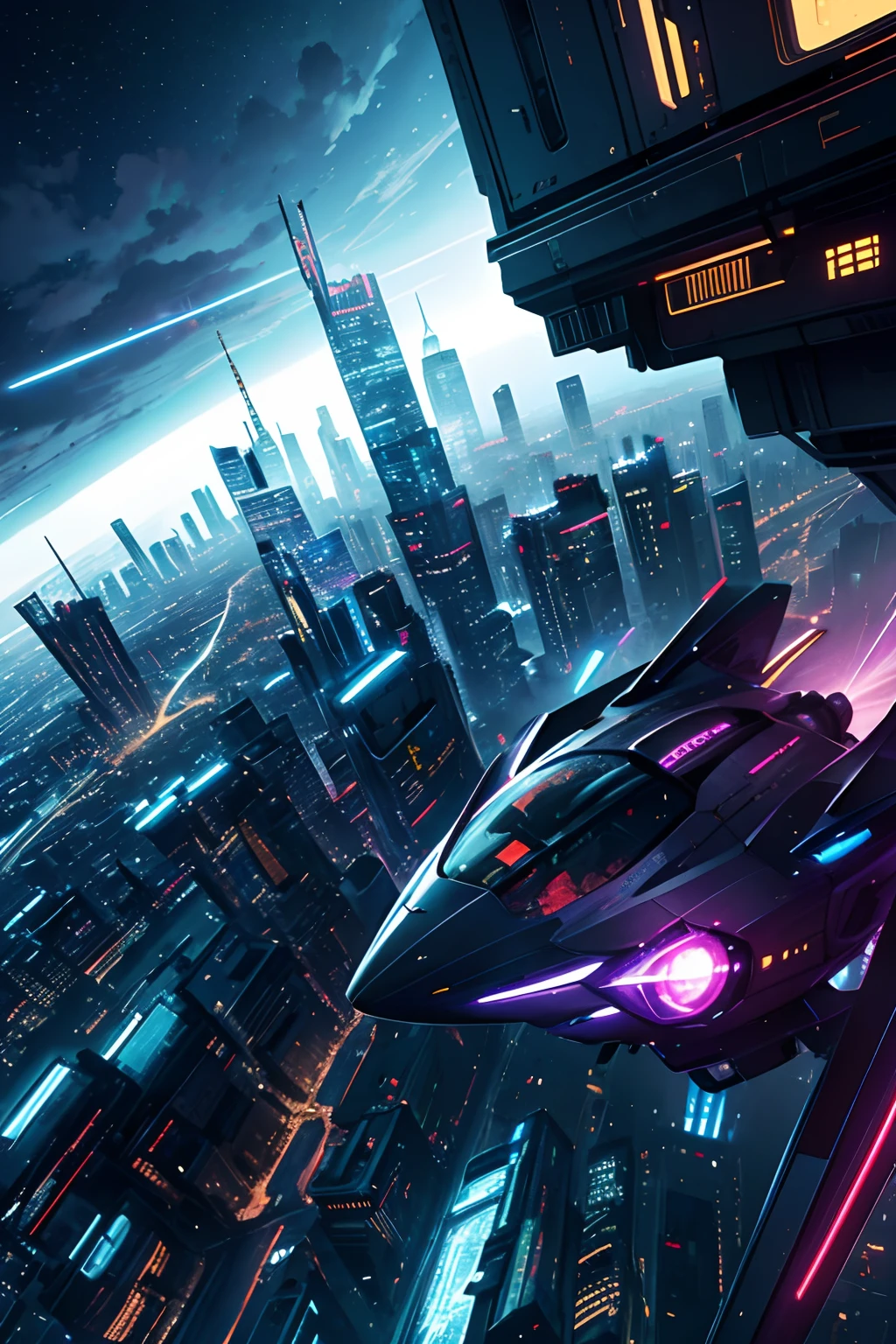 higly detailed, ciberpunk, futuristic cityscape, Sateen, Flying cars, sky scrapers, a starry sky