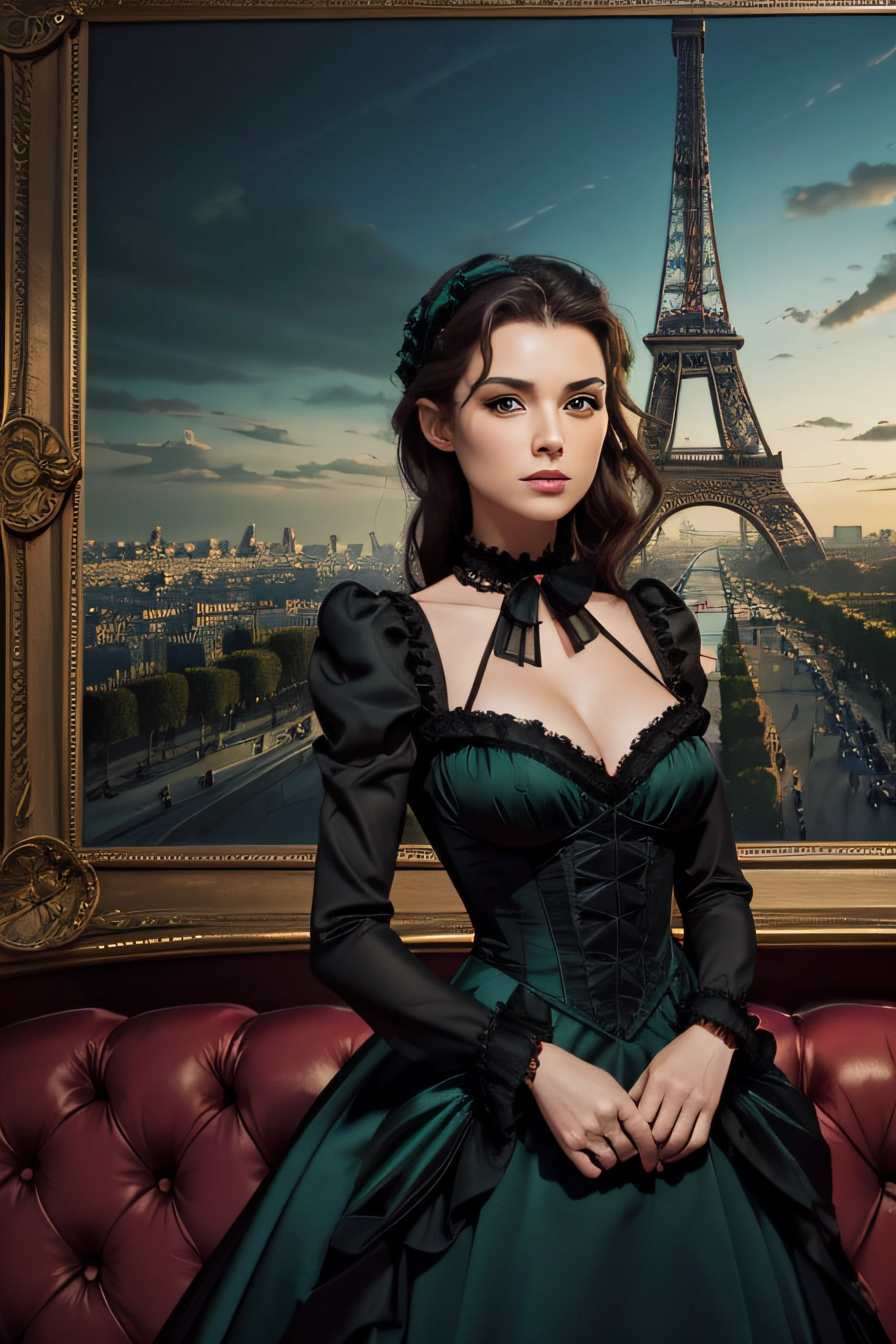 araffe woman in a black dress standing in front of a large picture of the Eiffel tower, promo still, Paris 2010, promotional still, in Paris, moulin rouge, , Dark Green satin Victorian dress,