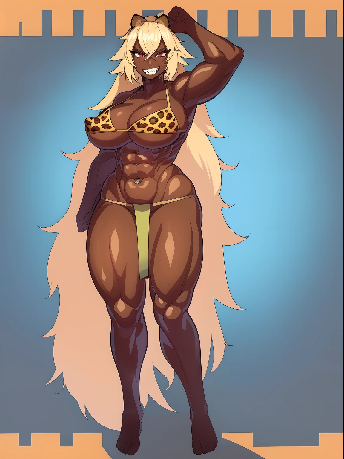 blond hair, darkskinned-female, musclegirl, crazy smile, babarian, revealing cloths, long hair, living hair, red eyes, full body feet, angel wings, leopard cloths, sharpteeth