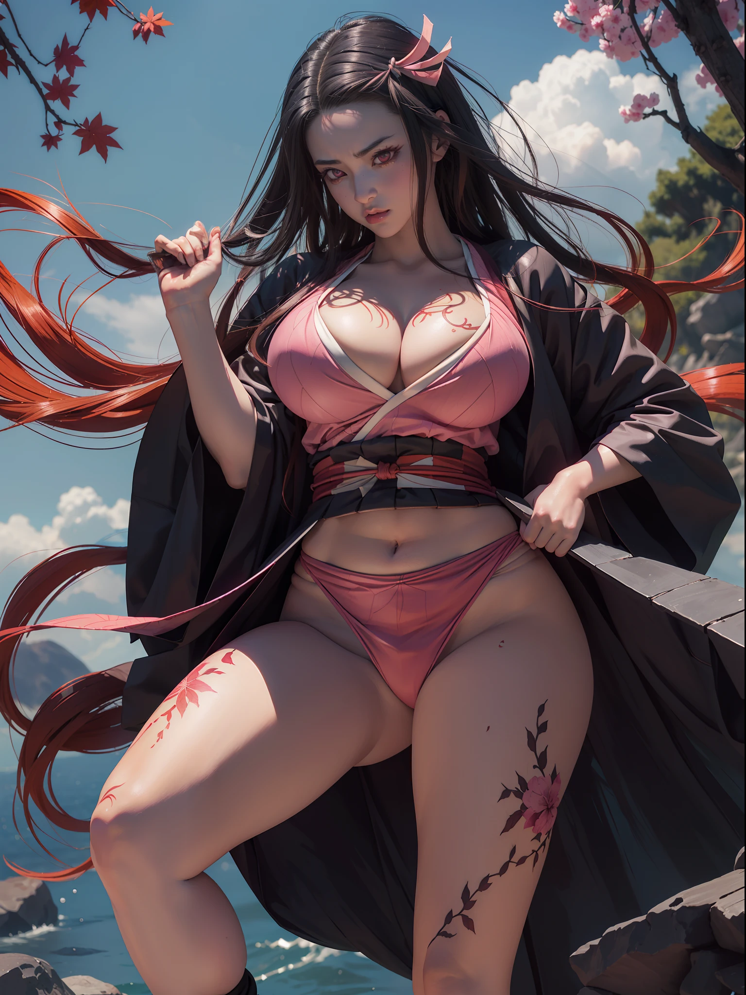 (ultra realistic photo of Nezuko kamado goddess of beauty, bright pink eyes, angry angry expression, 8k, UHD, hottie with ultra giant breasts, huge long breasts sticking out of the kimono, with long black hair and orange tips, sexy Japanese kimono dark pink, she doesn't wear panties showing her tattooed , pubic hair showing), Nezuko with a piece of bamboo stuck up her ass, (Nezuko, Nezuko-chan, Demon Slayer art style, kimetsu no yaiba), Anime character female hentai, (Nezuko, in her demon form, huge breasts, giant long breasts sticking out of her clothes, her breasts sticking out of her kimono, showing beautiful pointy breasts), (the length of her ultra giant breasts goes up to her toned belly, she has leaf tattoos running down her erotic sexy body), Demon Slayer rui fanart, wielding kunai, Marin Kitagawa Fanart, clean and detailed anime art, a very beautiful berserker woman, by Kamagurka, professional art, perfect detail, (Nezuko kamado na her demonic form showing her giant, hairy , based on the Demon Slayer kimetsu no yaiba), nudes,