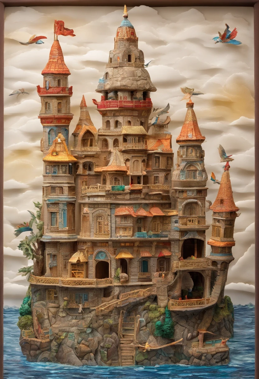 exquisite and detailed drawings, tall and complex building on a single island, on a seaside, sunny, rich, classy, opulent, pirates, tresure, HD, highly detailed, clean drawings, 2d, joy, good mood, happiness, a small unexpecteted whimsical magic element, 64K