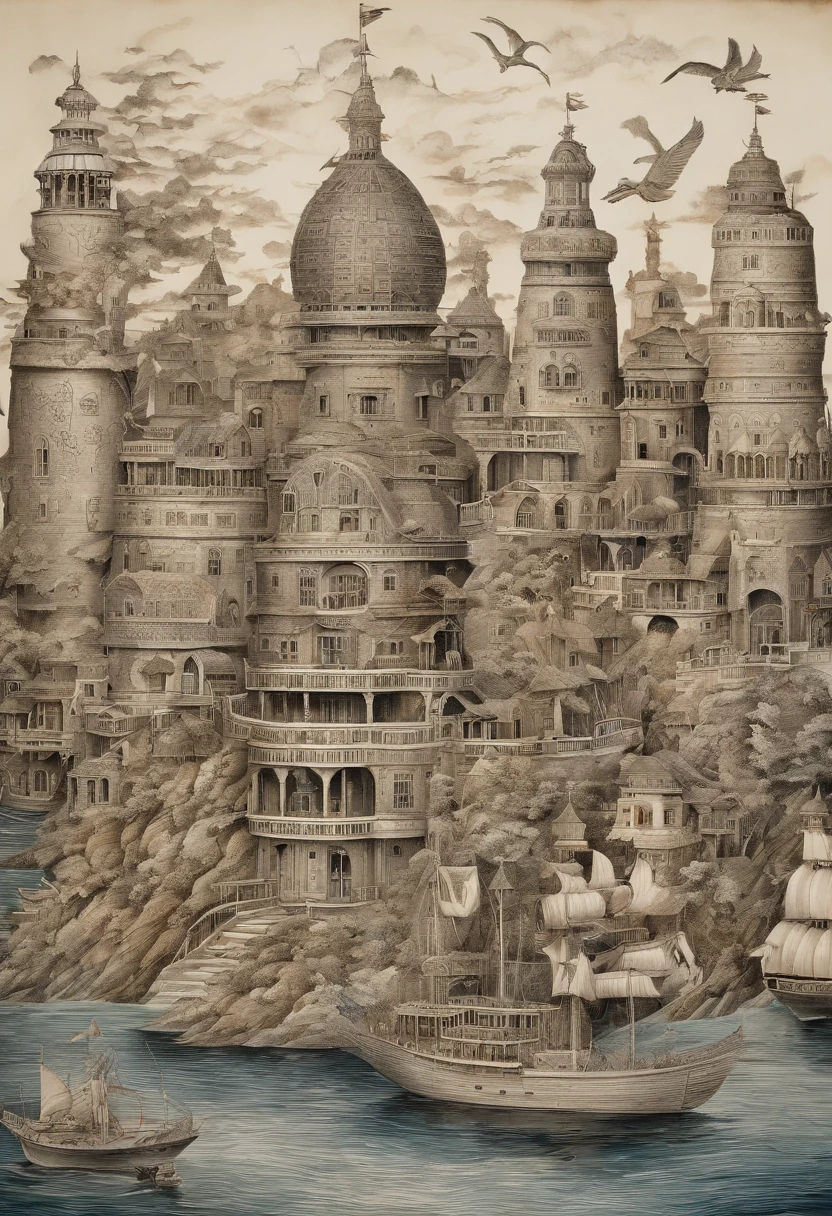 exquisite and detailed drawings, tall and complex building on a single island, on a seaside, sunny, rich, classy, opulent, pirates, tresure, HD, highly detailed, clean drawings, 2d, joy, good mood, happiness, a small unexpecteted whimsical magic element, 64K