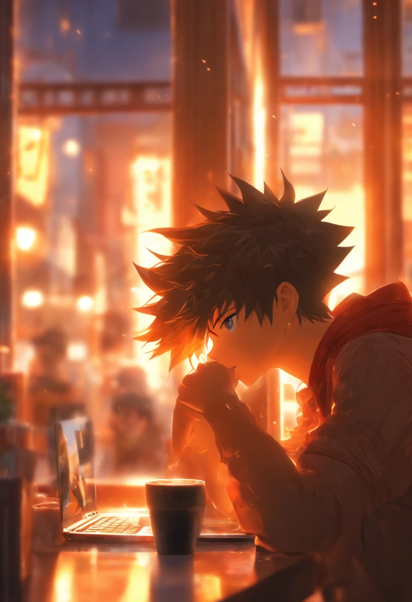 foreshortening, depth of field, masterpiece, best quality, A boy, drinking a coffee, computer in front, in a cafe, window in the background, window overlooking the street, solo, looking at viewer, Sunbeam behind the boy, busy street behind the window,