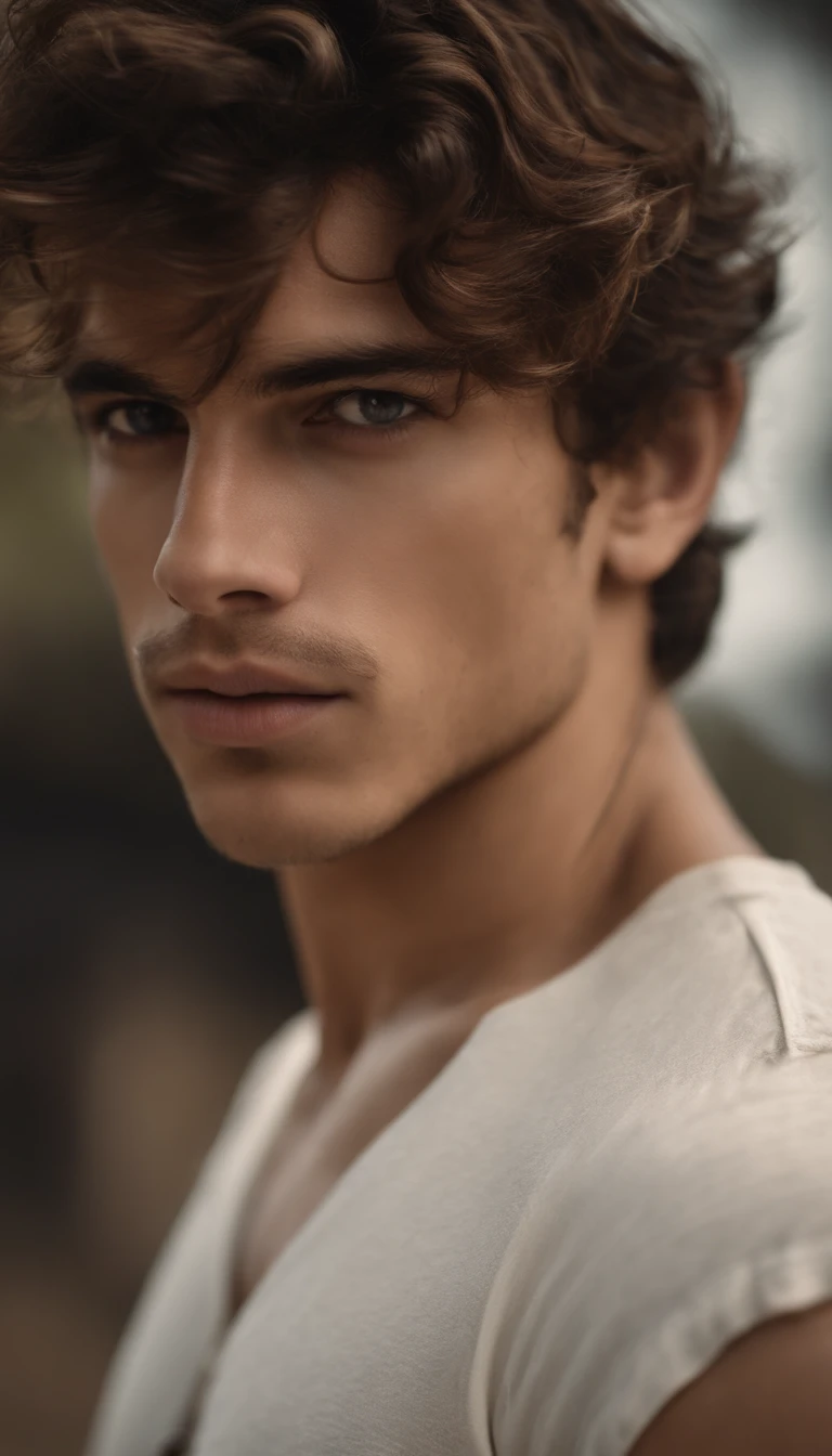 Retrato de um modelo masculino bonito, 16 anos, not shirt, mais nu, sem barba, with dark and messy wavy hair, olhos azuis super claros, thick lips, Defined muscles, encaixar, corpo rasgado, medium shot, ultra mais alto rosto detalhado, Darmatic Illumination, luz fraca