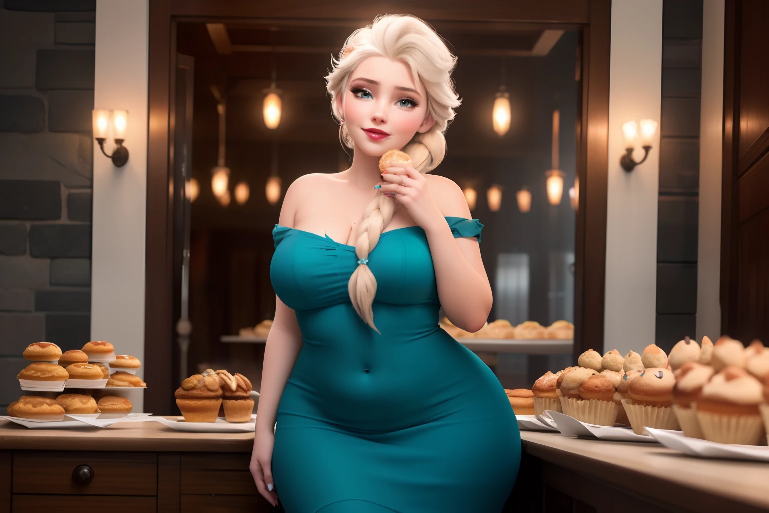 masterpiece, (photorealistic), (8k wallpaper) , (best quality), perfect quality, solo, (detailed eyes:0.9), girl, blonde hair, Elsa, very beautiful, face : ( very beautiful face, cute face, round face, young ) , figure: ( very full body, very thicc, very plump, very soft, very curvy, sexy, sexy pose, fat rolls, belly rolls, very chubby, very chubby belly, navel, love handles, muffin top, big deep navel, fat thighs, thunder thighs, fed up) , clothes : ( teal tight dress, tipped dress)