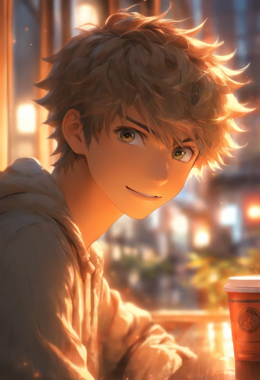 foreshortening,  depth of field, masterpiece, best quality, A boy with short hair with distracted look, smile, calm and positive expression, calm, warm and cozy lighting, drinking a coffee, computer in front, in a cafe, window in the background, window overlooking the street, solo, looking at viewer, Sunbeam behind the boy, busy street behind the window,