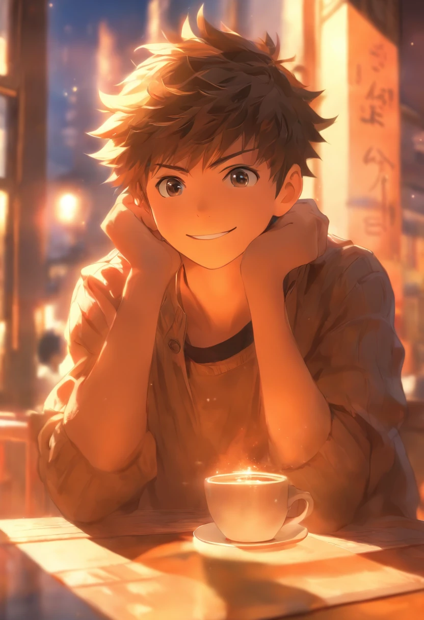 foreshortening,  depth of field, masterpiece, best quality, A boy with short hair with distracted look, smile, calm and positive expression, calm, warm and cozy lighting, drinking a coffee, computer in front, in a cafe, window in the background, window overlooking the street, solo, looking at viewer, Sunbeam behind the boy, busy street behind the window,