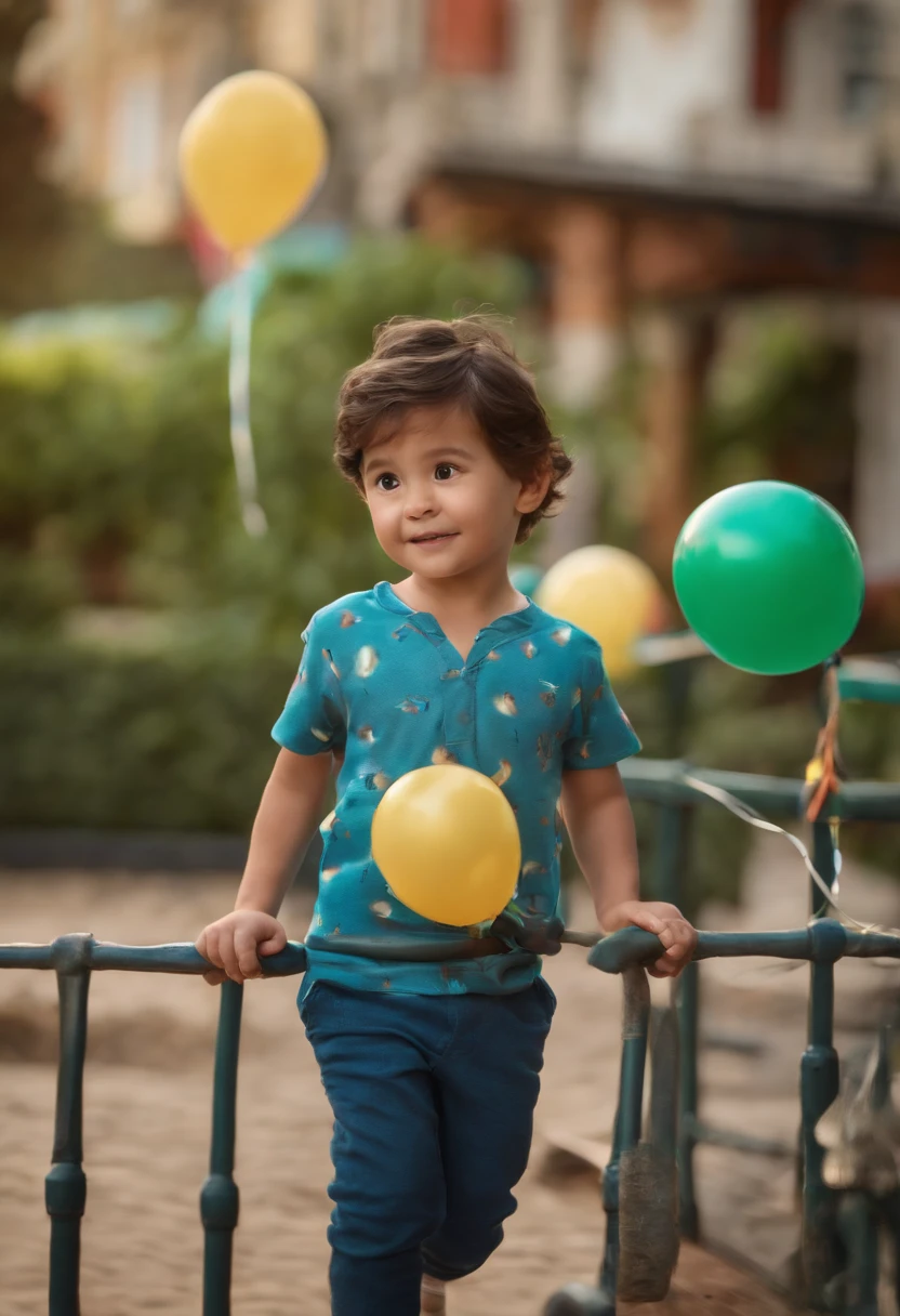 (Pixar 1.23 estilo) 1 ((parte superior do corpo frente, busto tiro)), solo, cute child, morena, tracksuit bonito, meninoan child, playground, ((obra-prima, mais alta qualidade)), (composite lighting)title, placa, "Parque da alegria", children, kids, logotipo, logo, Polka dots and balloons, Presentation, Disney, trademark, market, logomarca