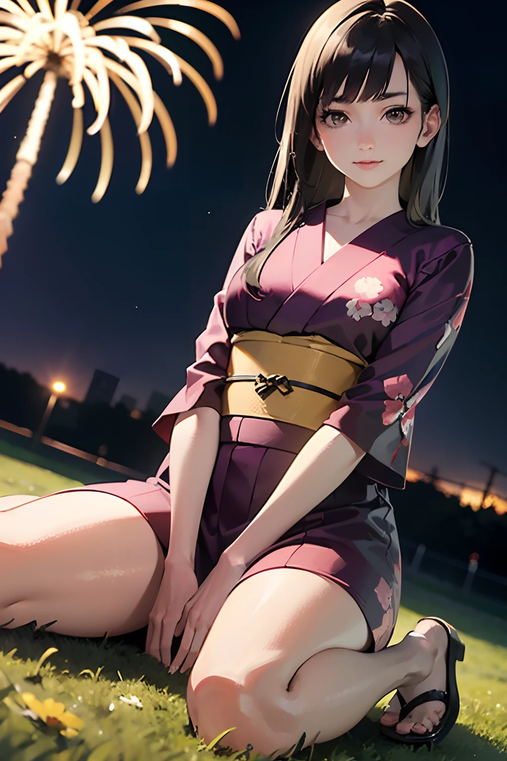 (masterpiece, best quality, photo realistic, official art :1.4), (shiny skin), (UHD, 8K wallpaper, High resolution), Cinematic lighting, physically-based rendering, award-winning, (extremely detailed skin, extra detailed face, eyes with beautiful details), Carl Zeiss 85 mm F/1.4, BREAK, (1 girl), very cute 16-year-old schoolgirl, (wariza, arms between legs:1.3), (glossy black hair, long straight hair, brown eyes, medium breasts:1.3), (wearing random Japanese yukata with colorful flowers embroidery), bare legs, sandals, (little smiling, looking up to sky), BREAK, in the park, on the turf, midnight, milky way, glittering stars, colorful fireworks, crowded, (face focus, view from below, dutch angle:1.3),
