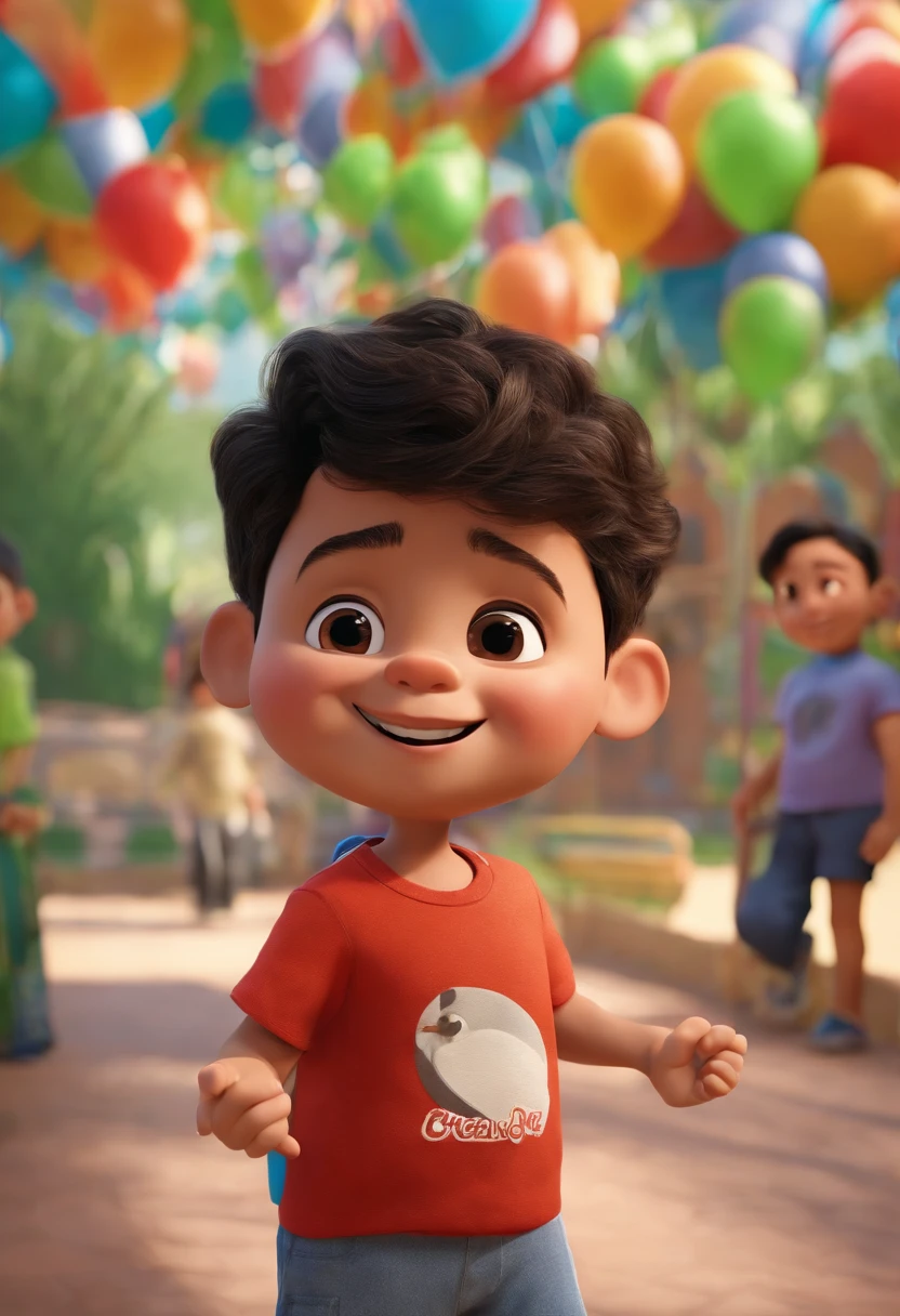 (Pixar 1.23 estilo) 1 menino ((parte superior do corpo frente, busto tiro)), solo, cute child, morena, tracksuit bonito, menino, korean child, playground, ((obra-prima, mais alta qualidade)), (composite lighting)title, placa, "Parque da alegria", children, kids, logotipo, logo, Polka dots and balloons, Presentation, Disney, trademark, market, logomarca