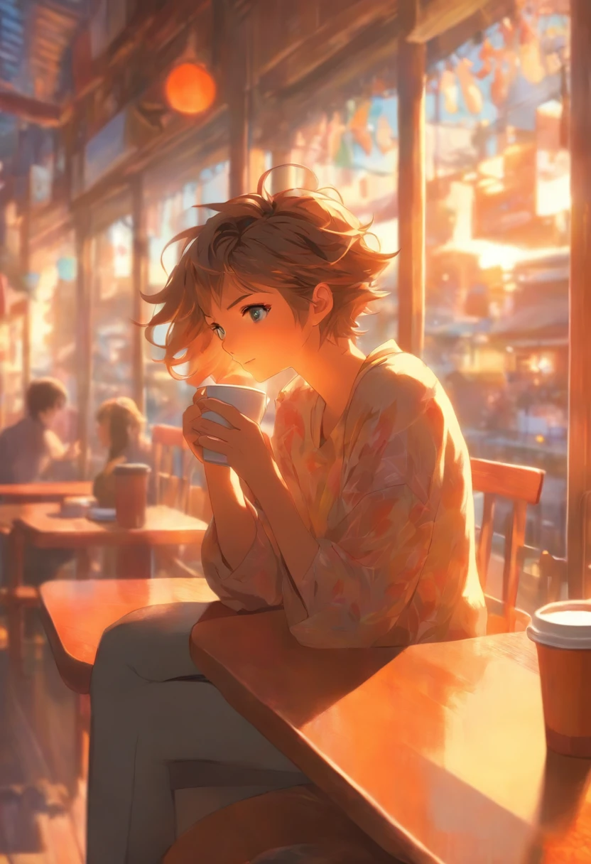foreshortening, profundidade de campo, master part, best quality, A short-haired girl with a distracted look, sorrir, Calm and positive expression, calmo, Warm and cozy lighting, drinking a coffee, computador na frente, in a coffee shop, janela em segundo plano, janela com vista para a rua, sozinho, Olhando para o Viewer, Sunshine behind the boy, Busy street behind the window,