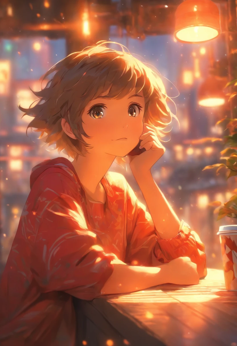 foreshortening, profundidade de campo, master part, best quality, A short-haired girl with a distracted look, sorrir, Calm and positive expression, calmo, Warm and cozy lighting, drinking a coffee, computador na frente, in a coffee shop, janela em segundo plano, janela com vista para a rua, sozinho, Olhando para o Viewer, Sunshine behind the boy, Busy street behind the window,