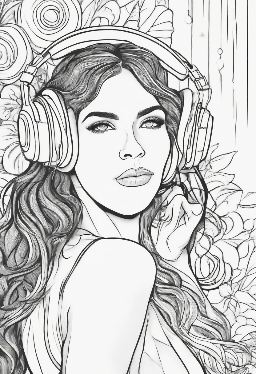 Coloring page of a girl with headphones on