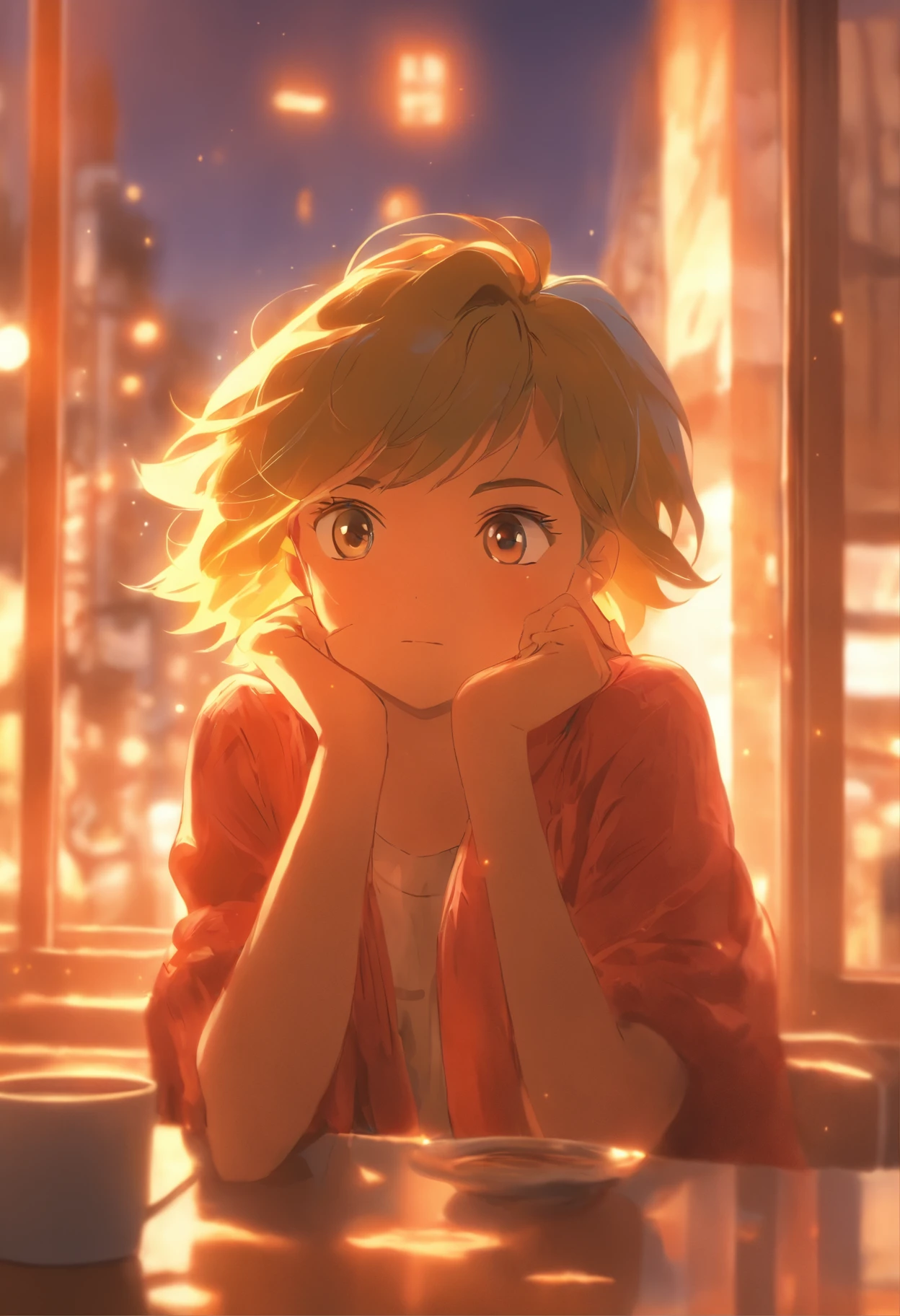 foreshortening, profundidade de campo, master part, best quality, A short-haired girl with a distracted look, sorrir, Calm and positive expression, calmo, Warm and cozy lighting, drinking a coffee, computador na frente, in a coffee shop, janela em segundo plano, janela com vista para a rua, sozinho, Olhando para o Viewer, Sunshine behind the boy, Busy street behind the window,
