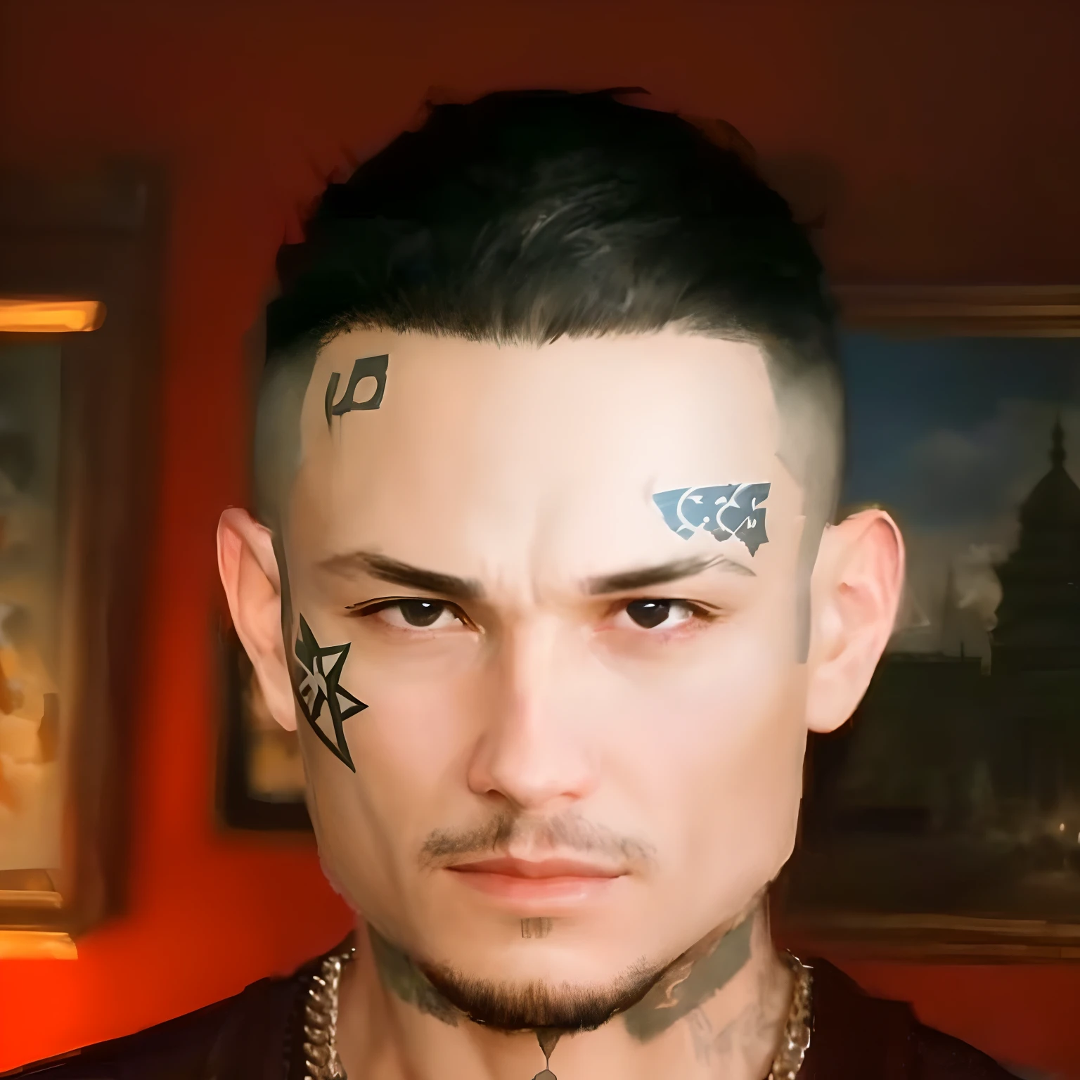 ((masterpiece)), (8k, high_resolution), (best quality), ultra-detailed, mmo game character, lineage 2, holding sword, metall armor, araff is a man with a tattoo on his forehead, with facial tattoo, buzzed hair on temple, face tattoo, facial tattoos, face tattoos, lil peep, inspired by Xi Gang, with rune tattoos on the face, marshal mathers, ingame screenshot, tony sandoval. realistic, london gang member, tony sandoval. 8 k realistic, strange geometric facial tattoos