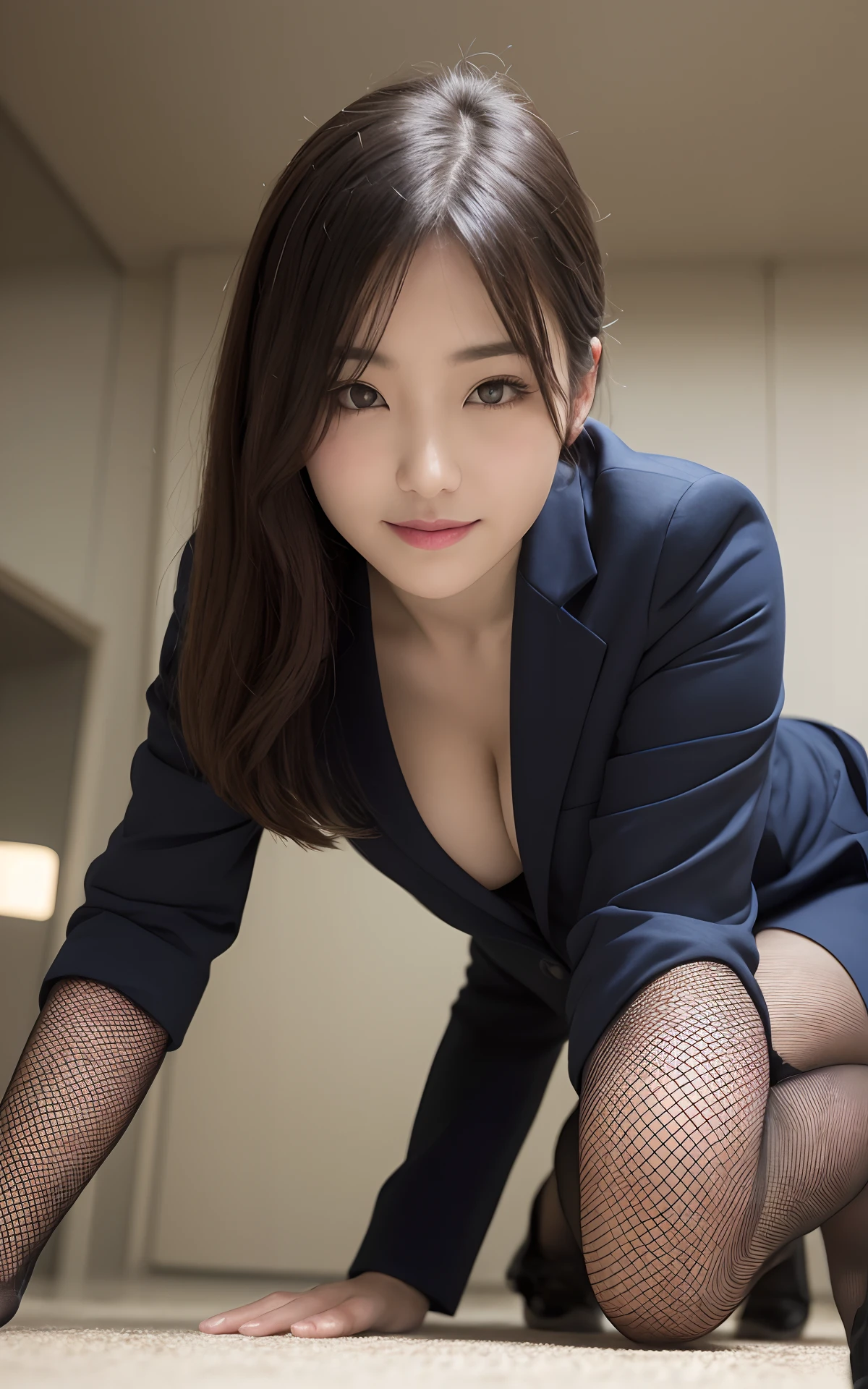 masutepiece, Best Quality, Illustration, Ultra-detailed, finely detail, hight resolution, 8K Wallpaper, Perfect dynamic composition, Beautiful detailed eyes, sexy underwear,Bob Hair, mid-chest, Natural Color Lip, Random and sexy poses,Smile,20 years girl、Colossal tits、s Office、Suits、Suit jacket、fishnet tights、crawling position,(On all fours),Composition from below、Photo from below、perfect foot、perfect arms、Perfect nipples