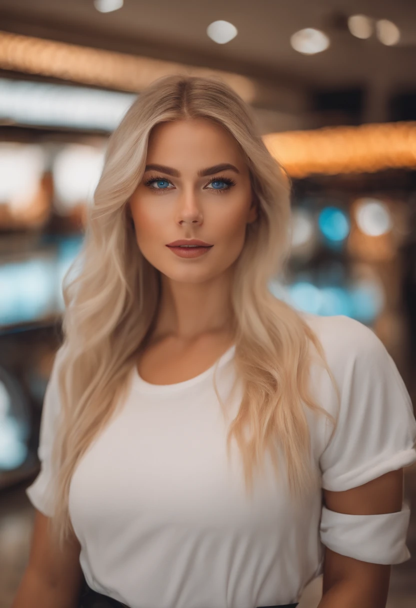 realistic white female instagram influencer, best quality, blonde, 1 girl, blue eyes, at the mall