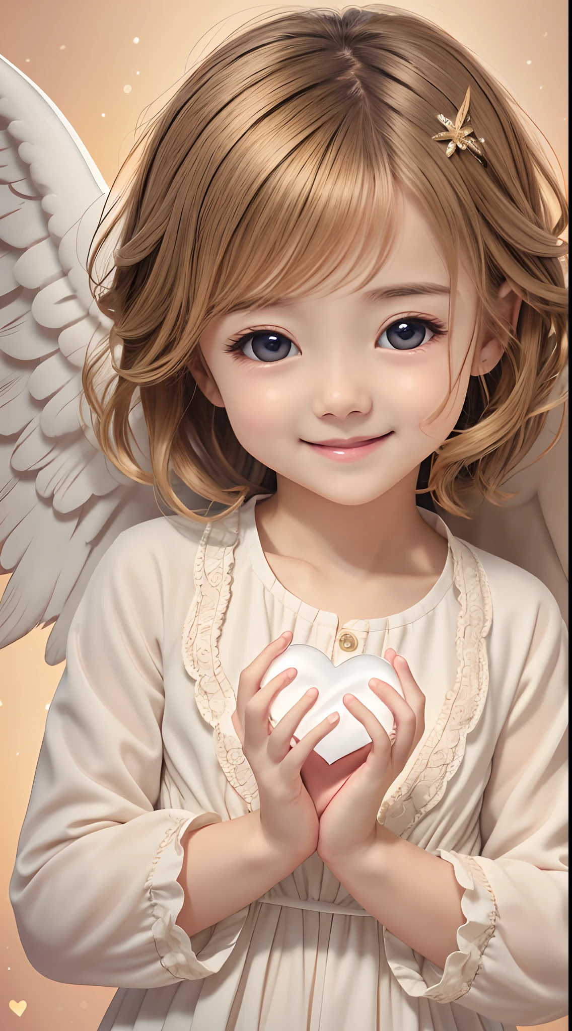 Blessings of Angels、Bright background、holding a heart、tenderness、A smile、Gentle、Baby Angel、facing front、Looking at the camera