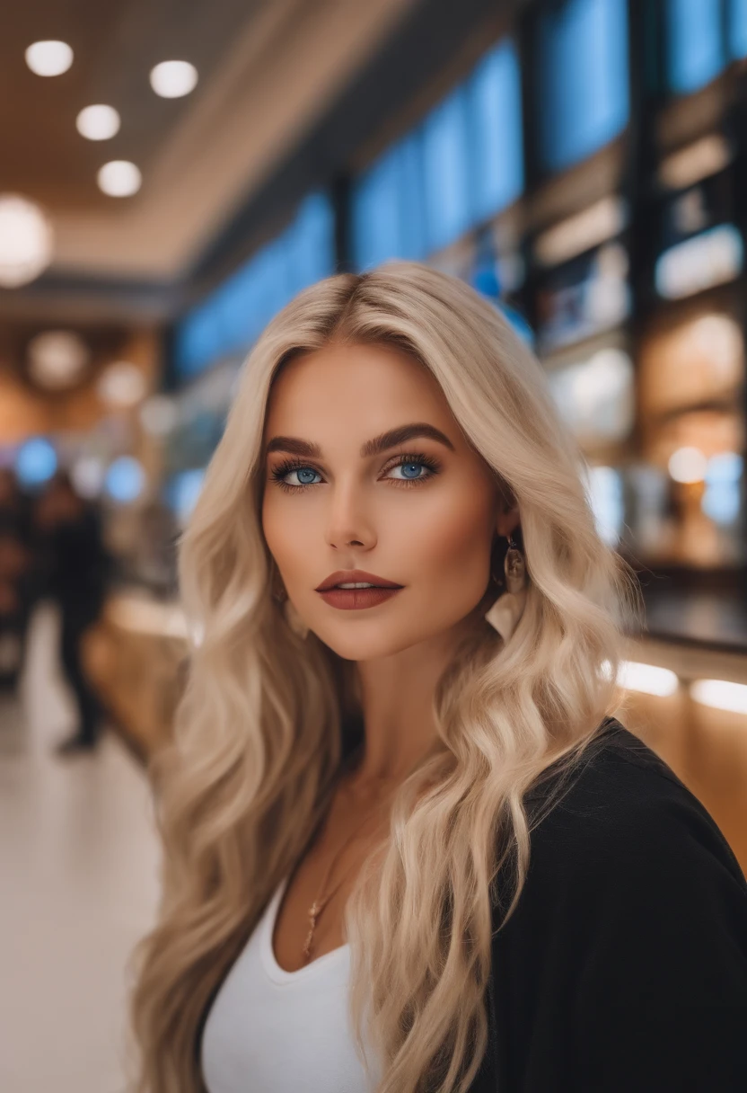 realistic white female instagram influencer, best quality, blonde, 1 girl, blue eyes, at the mall