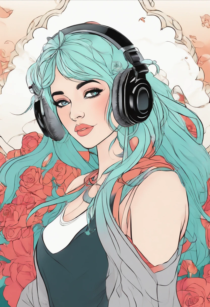 Coloring page of a girl with headphones on in anime style