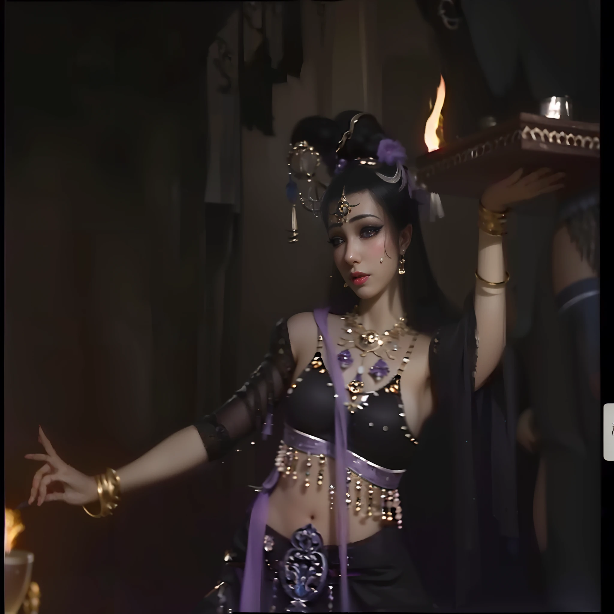 The Arapei succubus in a belly dance costume holds a tray of wine jugs in a cave, Naked all over the body, Big chest,The fingernails are very long,Facial fascination,Seduce men to have sex and eat them,Li Tang hairstyle,heavy makeups,Feminine and charming,, Scenes from Journey to the West, she is dressed as a belly dancer, fantasy movie still, Underworld dancers, the sorceress casting a fireball
