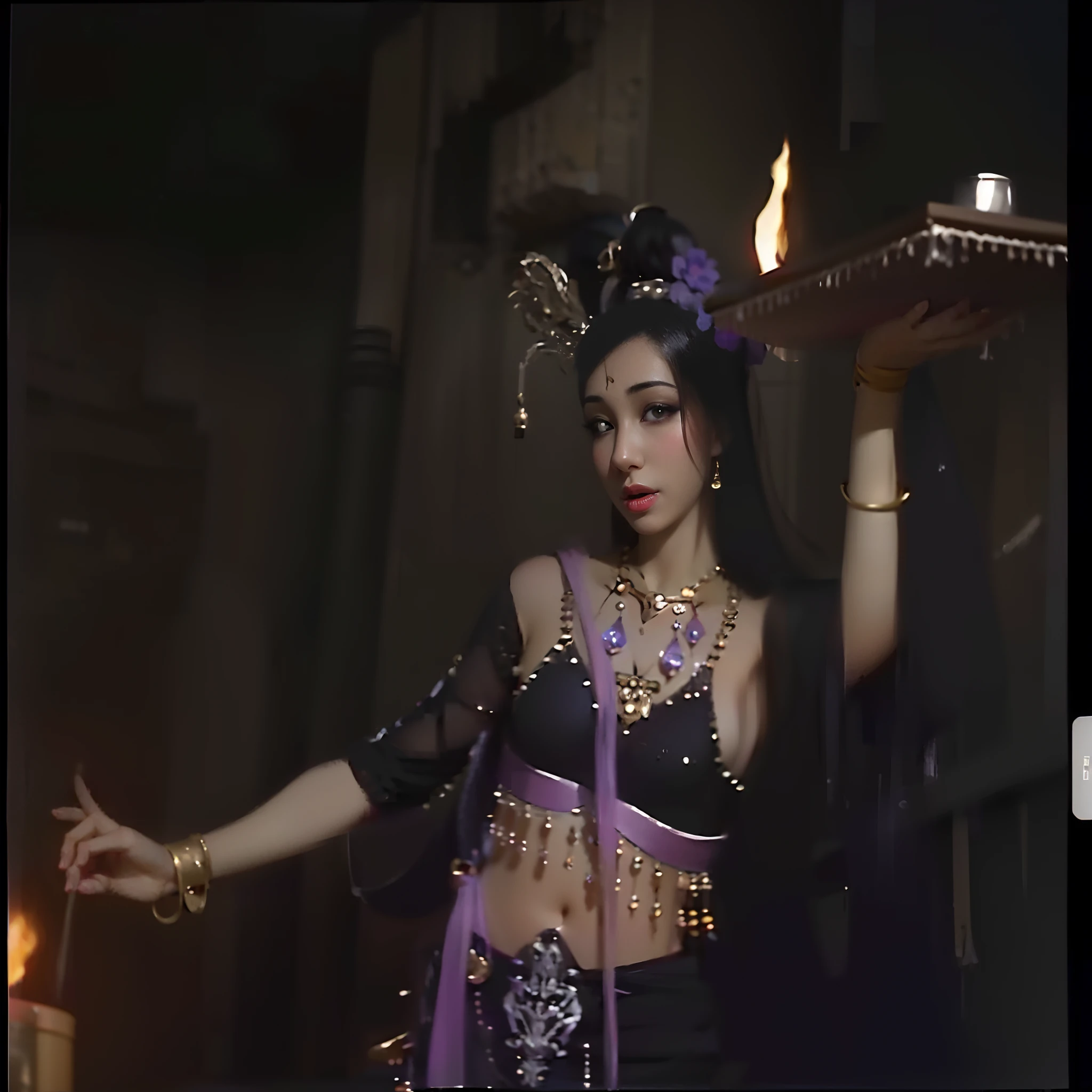 The Arapei succubus in a belly dance costume holds a tray of wine jugs in a cave, Naked all over the body, Big chest,The fingernails are very long,Facial fascination,Seduce men to have sex and eat them,Li Tang hairstyle,heavy makeups,Feminine and charming,, Scenes from Journey to the West, she is dressed as a belly dancer, fantasy movie still, Underworld dancers, the sorceress casting a fireball